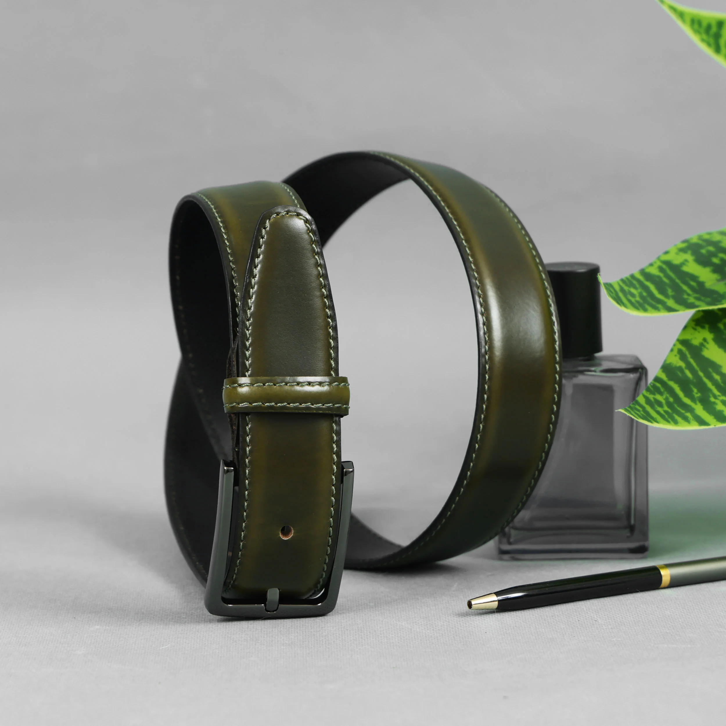 Unisex Premium Olive Leather Belt With Polished Buckle For Formal Casual Daily Wear - Image 8