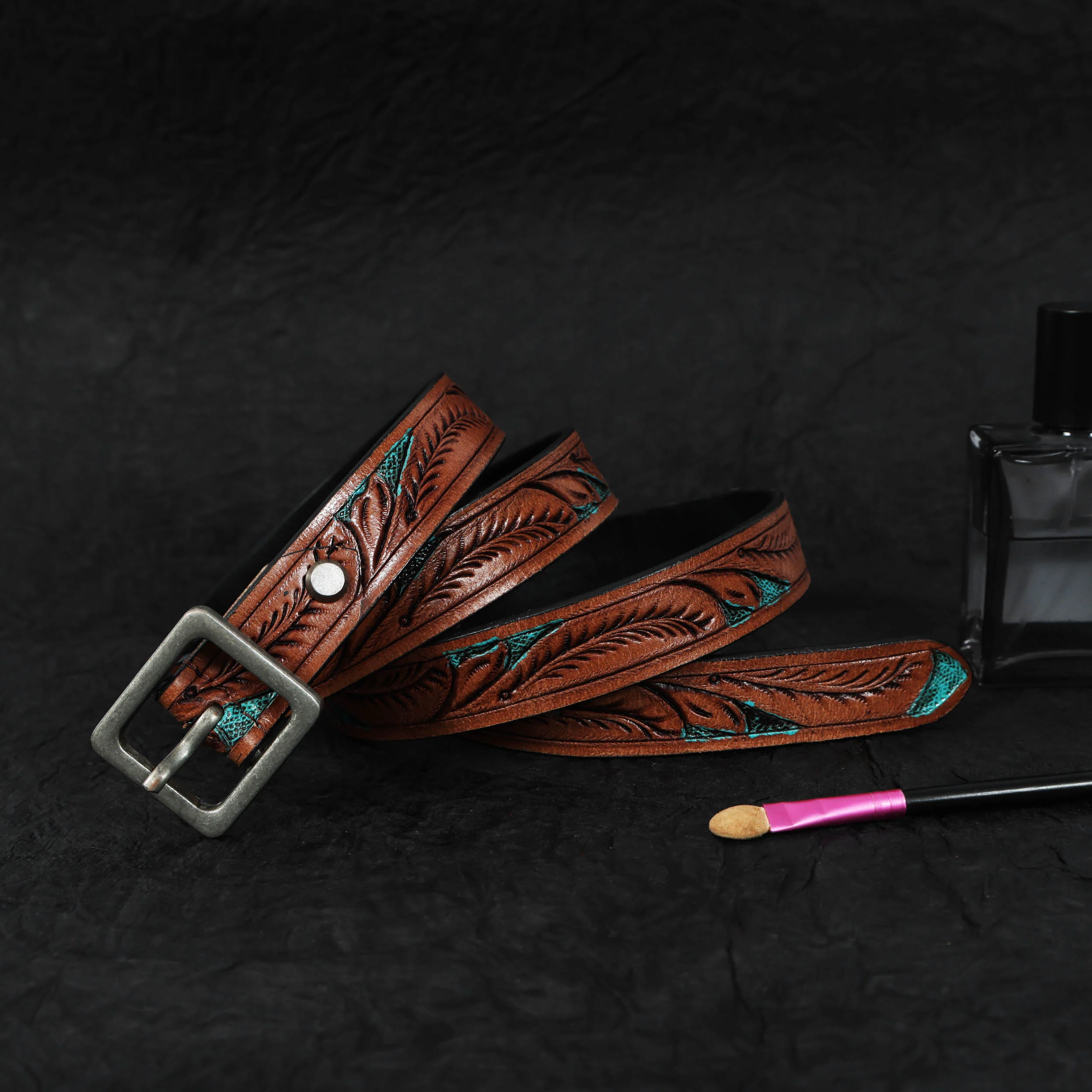 Premium Genuine Leather Brown Leaf Embossed Turquoise Inlay Western Waistbelt Square Buckle - Image 2
