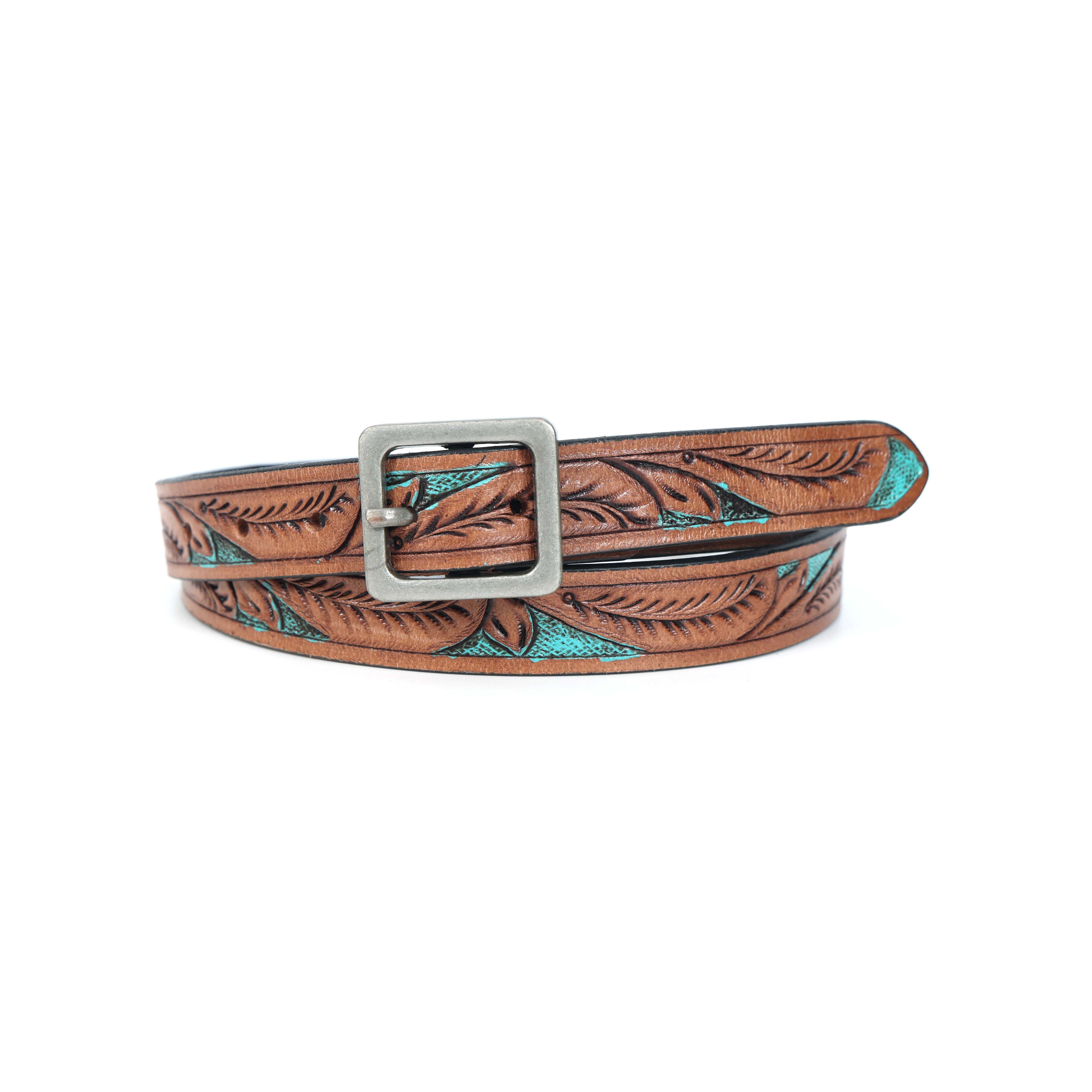 Premium Genuine Leather Brown Leaf Embossed Turquoise Inlay Western Waistbelt Square Buckle - Image 3