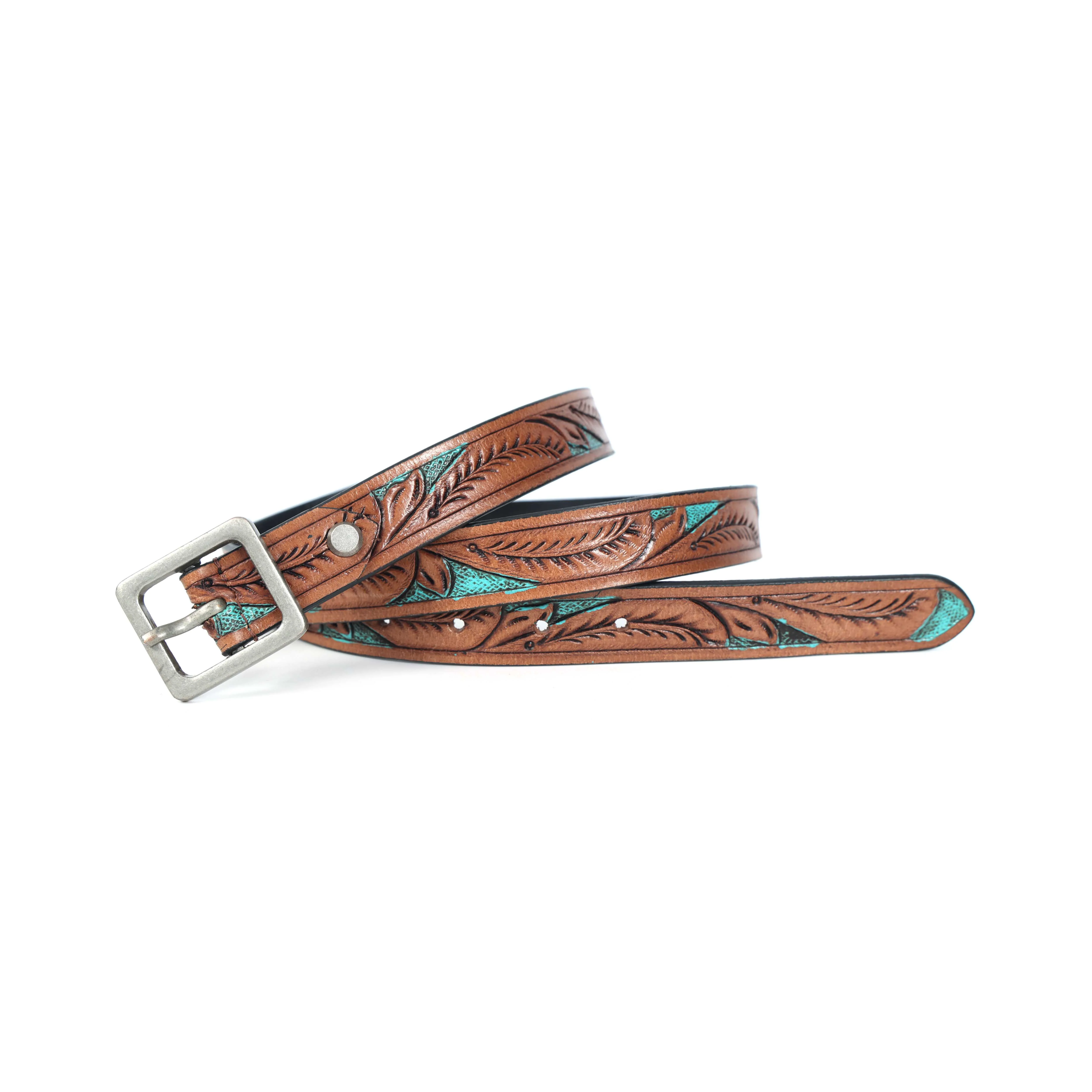 Premium Genuine Leather Brown Leaf Embossed Turquoise Inlay Western Waistbelt Square Buckle - Image 4