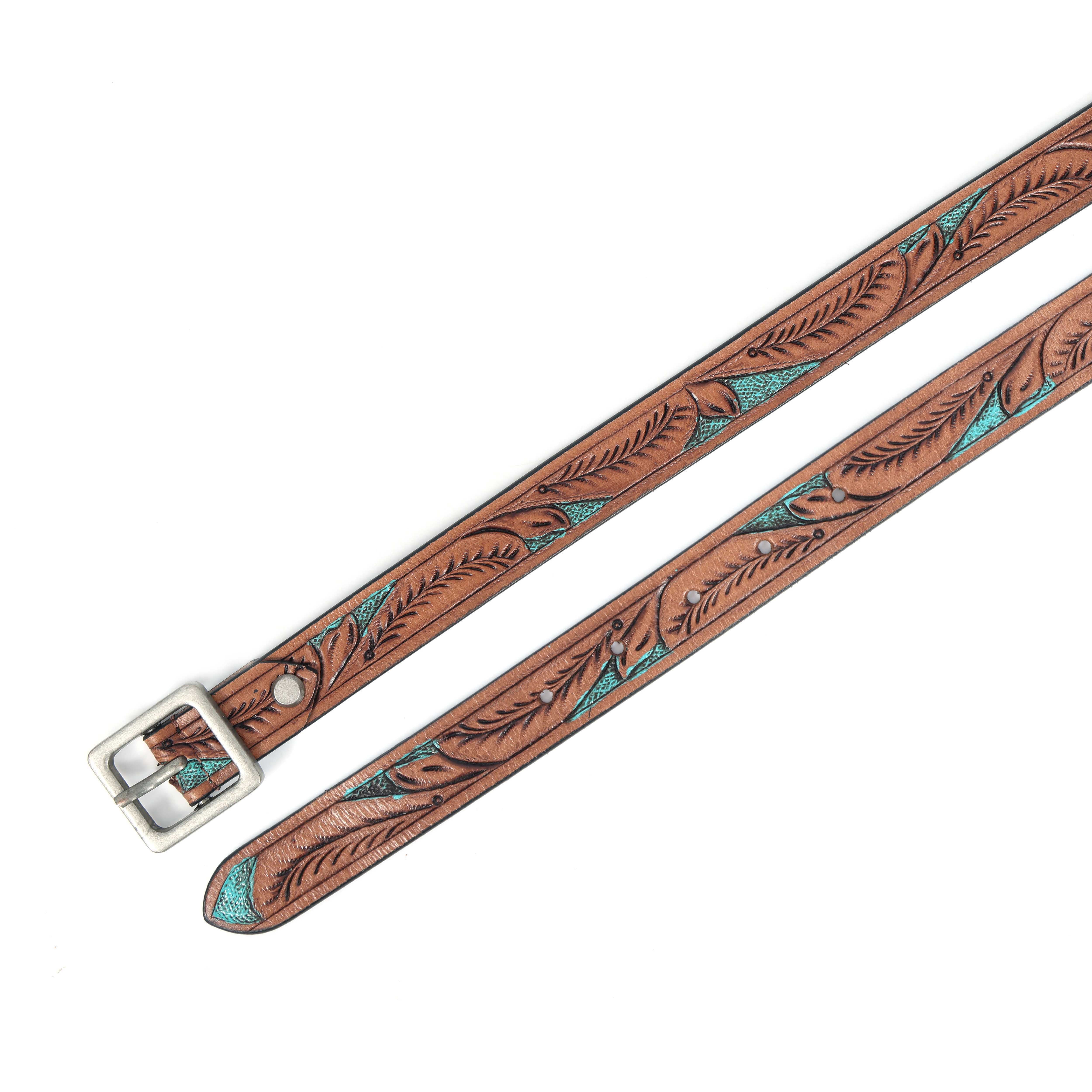 Premium Genuine Leather Brown Leaf Embossed Turquoise Inlay Western Waistbelt Square Buckle - Image 5