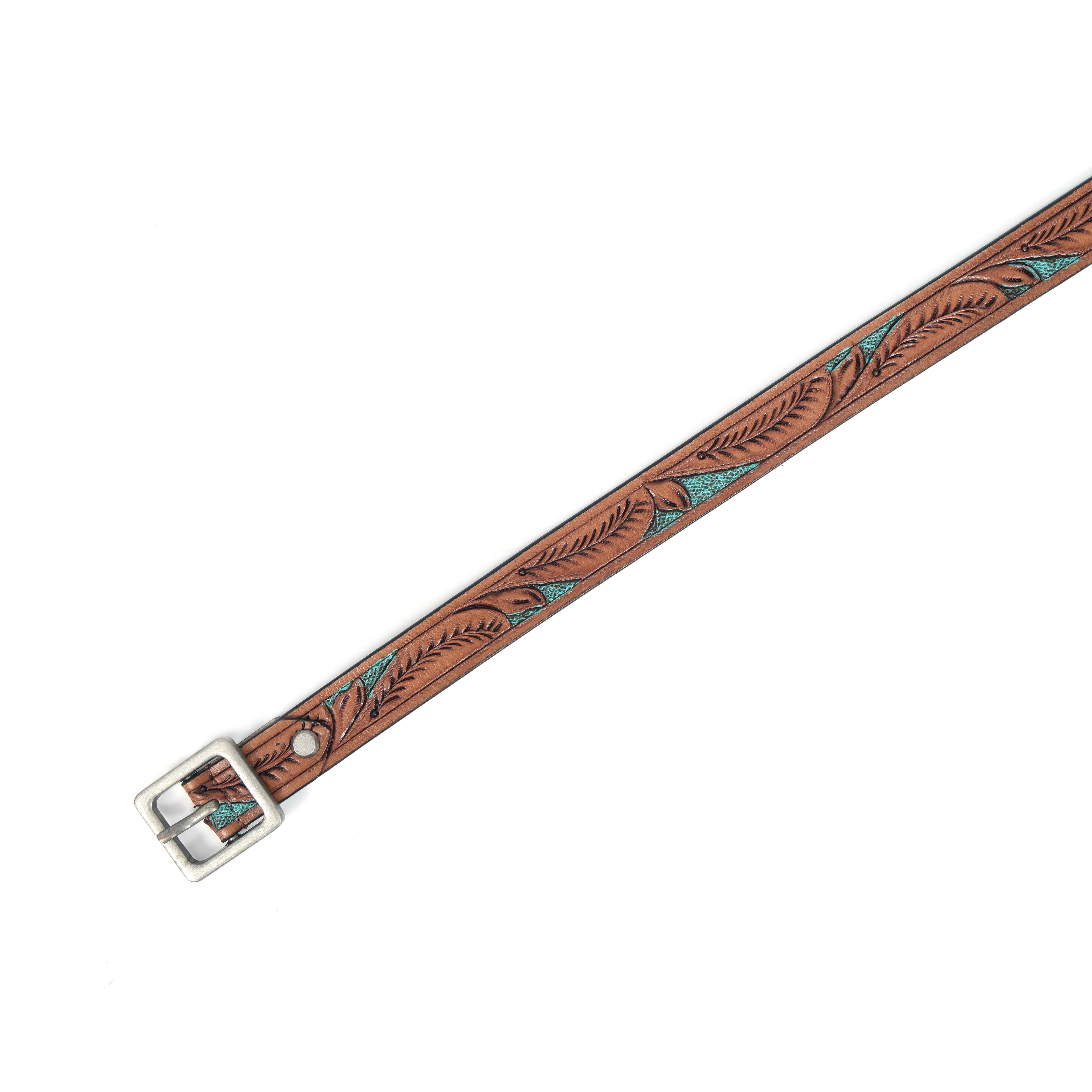 Premium Genuine Leather Brown Leaf Embossed Turquoise Inlay Western Waistbelt Square Buckle - Image 6