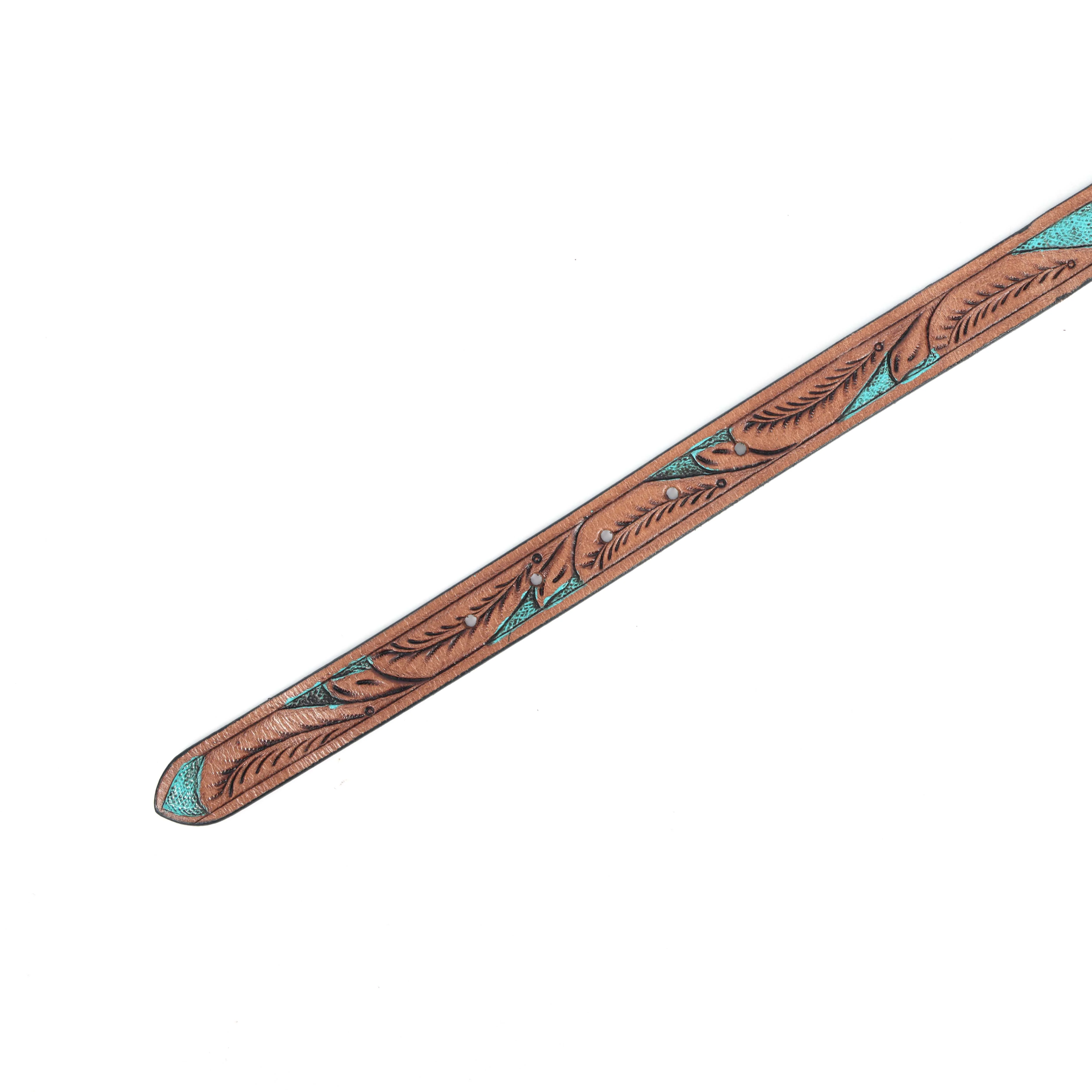 Premium Genuine Leather Brown Leaf Embossed Turquoise Inlay Western Waistbelt Square Buckle - Image 7