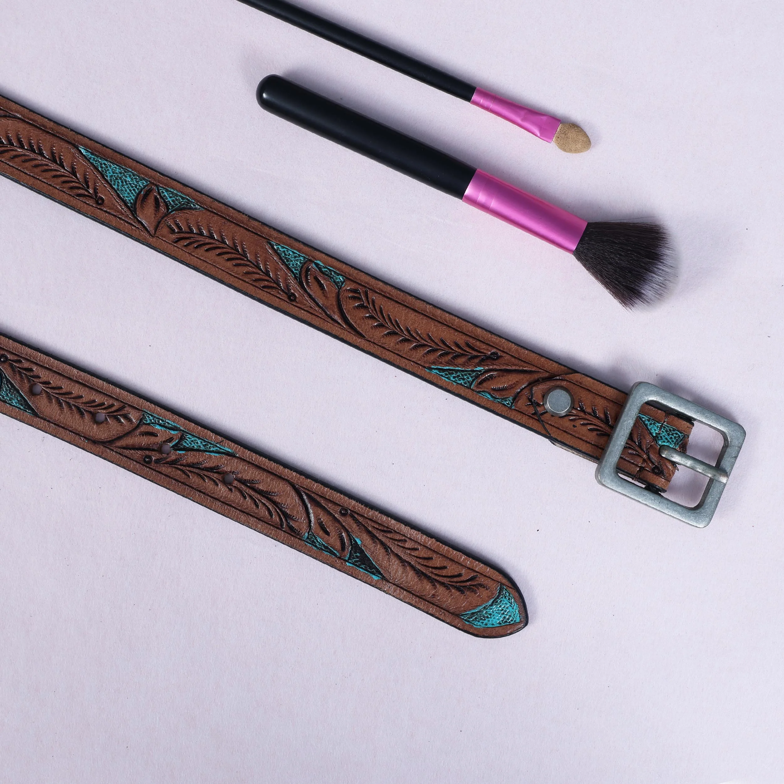 Premium Genuine Leather Brown Leaf Embossed Turquoise Inlay Western Waistbelt Square Buckle - Image 8