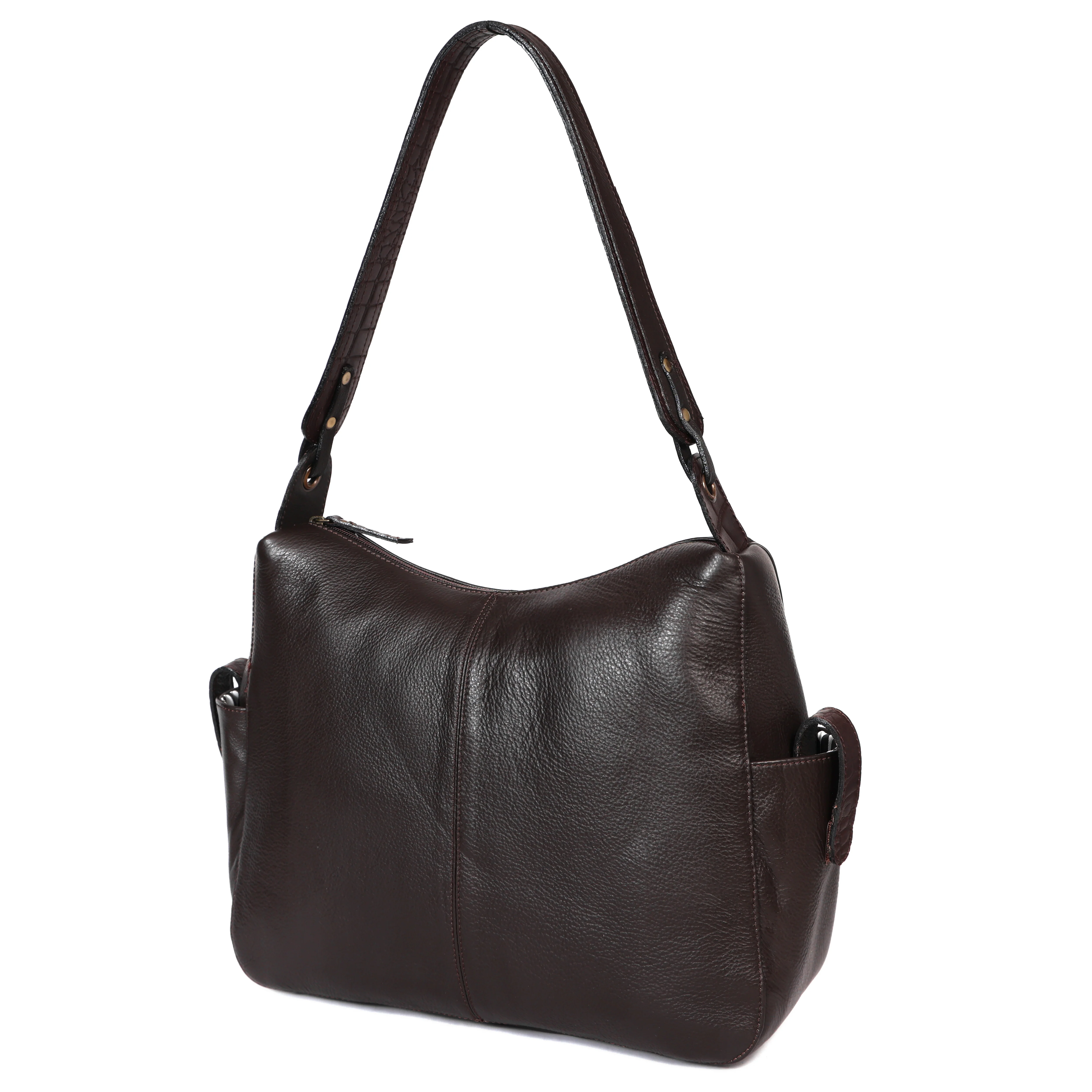 Premium Genuine Leather Hobo Shoulder Bag with Zippered Pockets & Fixed Strap - Image 19