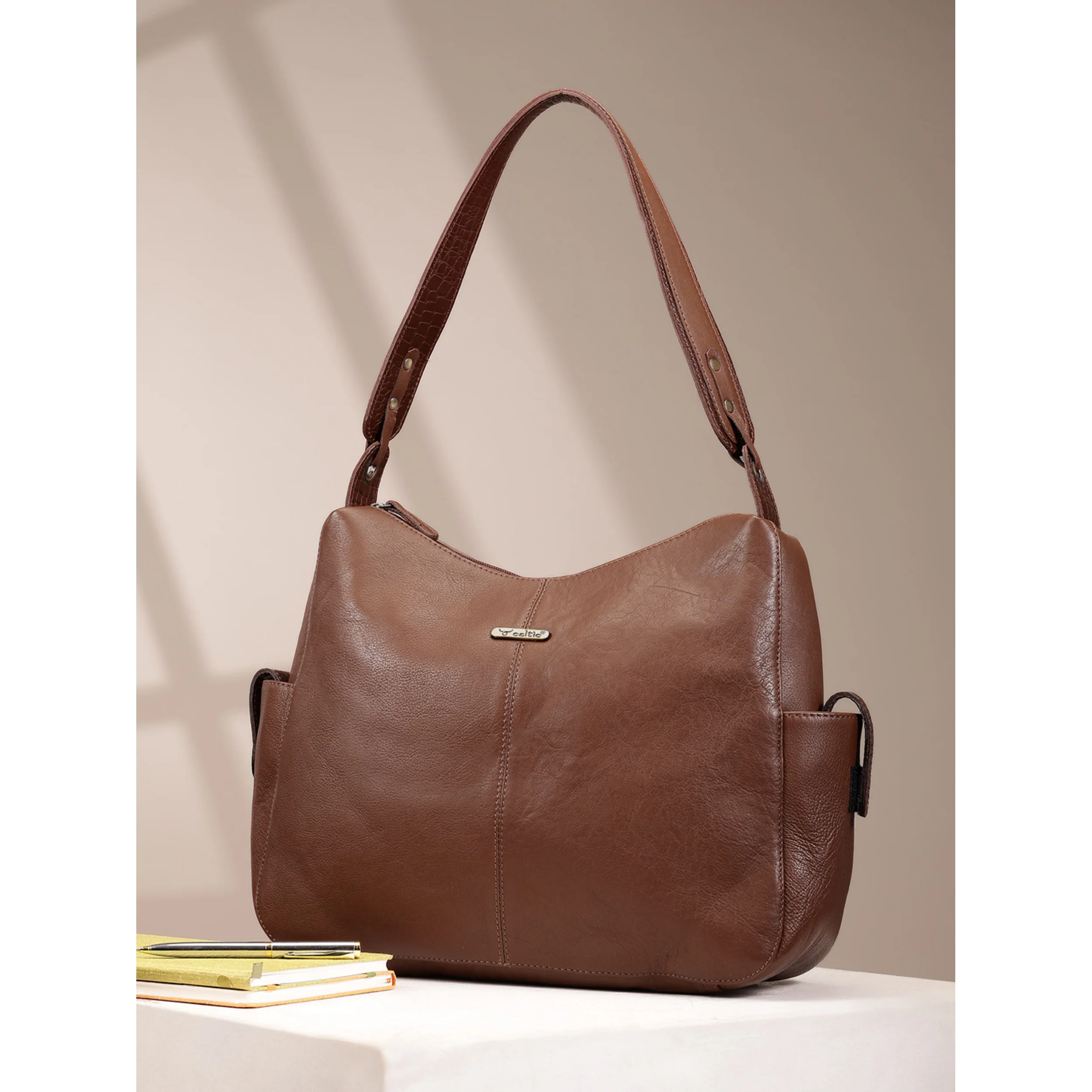 Premium Genuine Leather Hobo Shoulder Bag with Zippered Pockets & Fixed Strap - Image 22