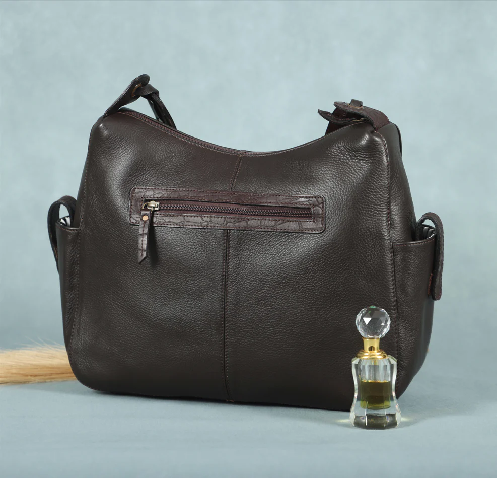 Premium Genuine Leather Hobo Shoulder Bag with Zippered Pockets & Fixed Strap - Image 4