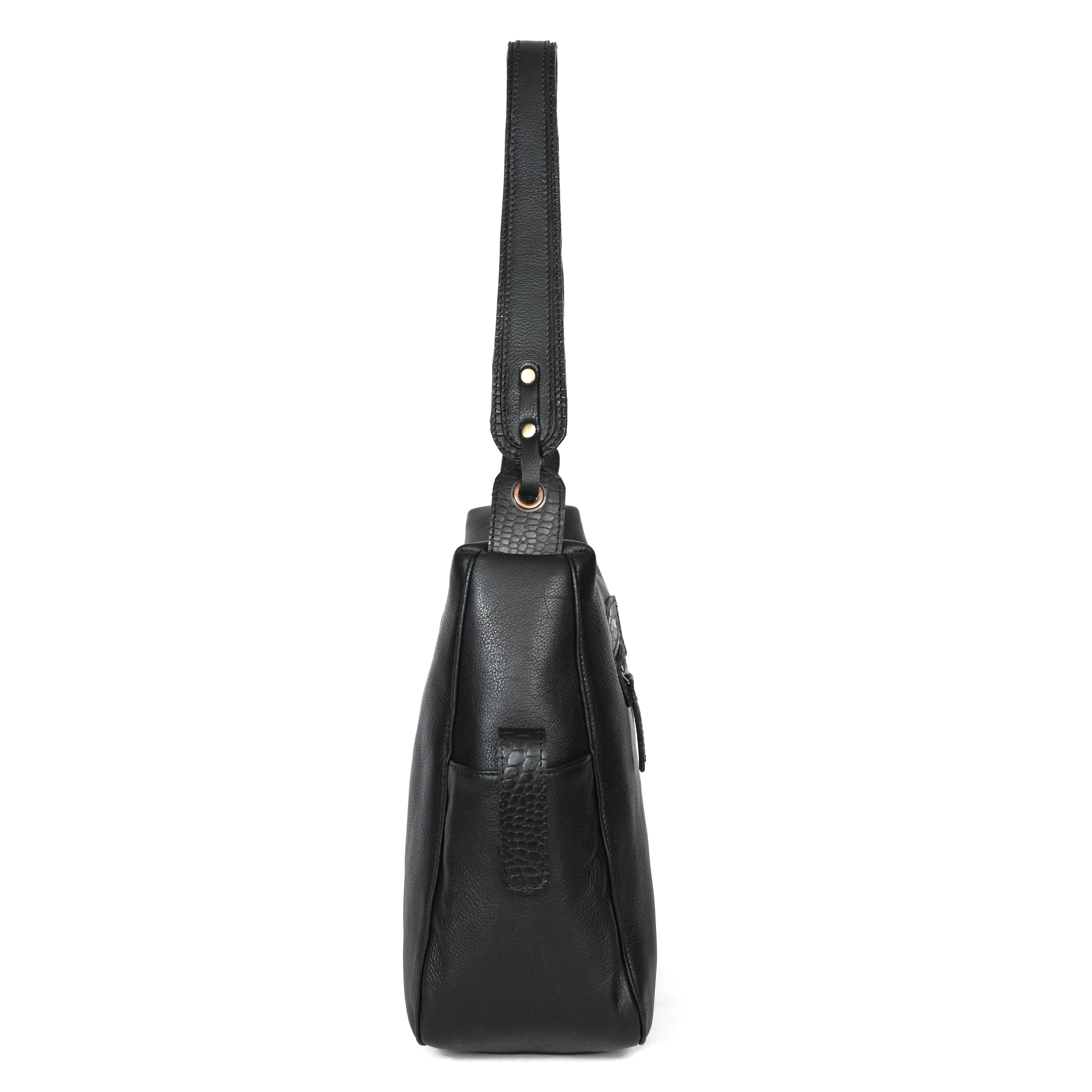 Premium Genuine Leather Hobo Shoulder Bag with Zippered Pockets & Fixed Strap - Image 6