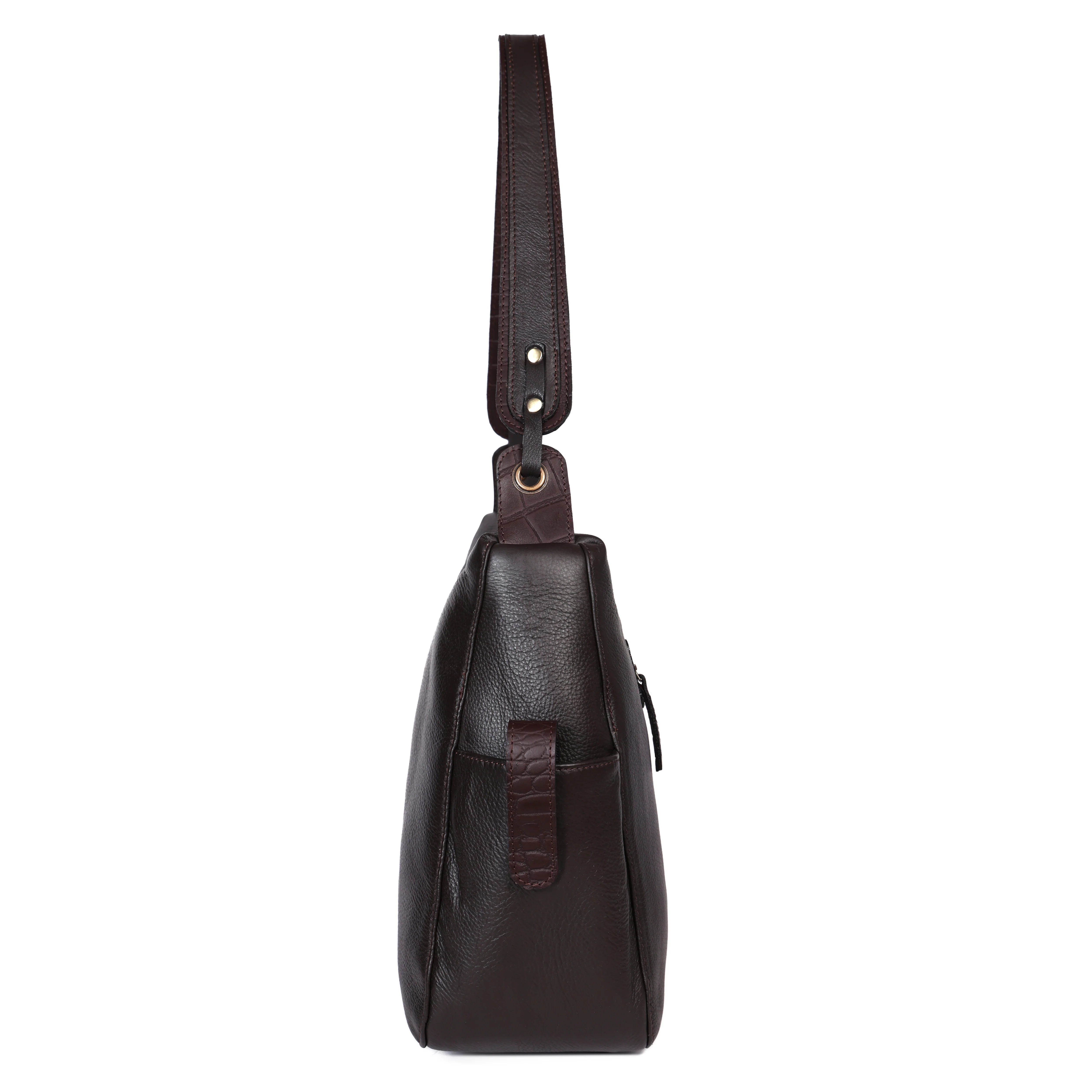 Premium Genuine Leather Hobo Shoulder Bag with Zippered Pockets & Fixed Strap - Image 7