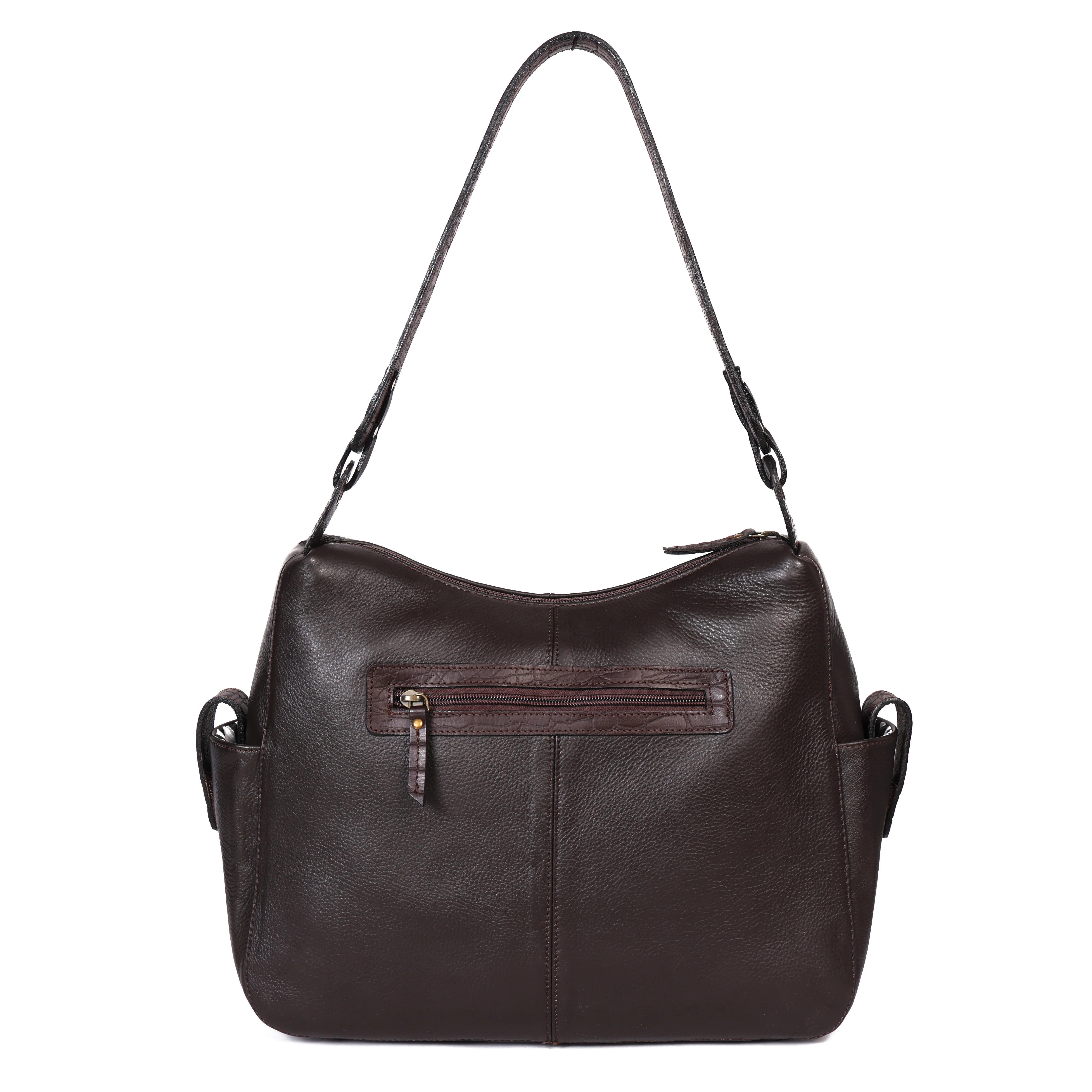 Premium Genuine Leather Hobo Shoulder Bag with Zippered Pockets & Fixed Strap - Image 9