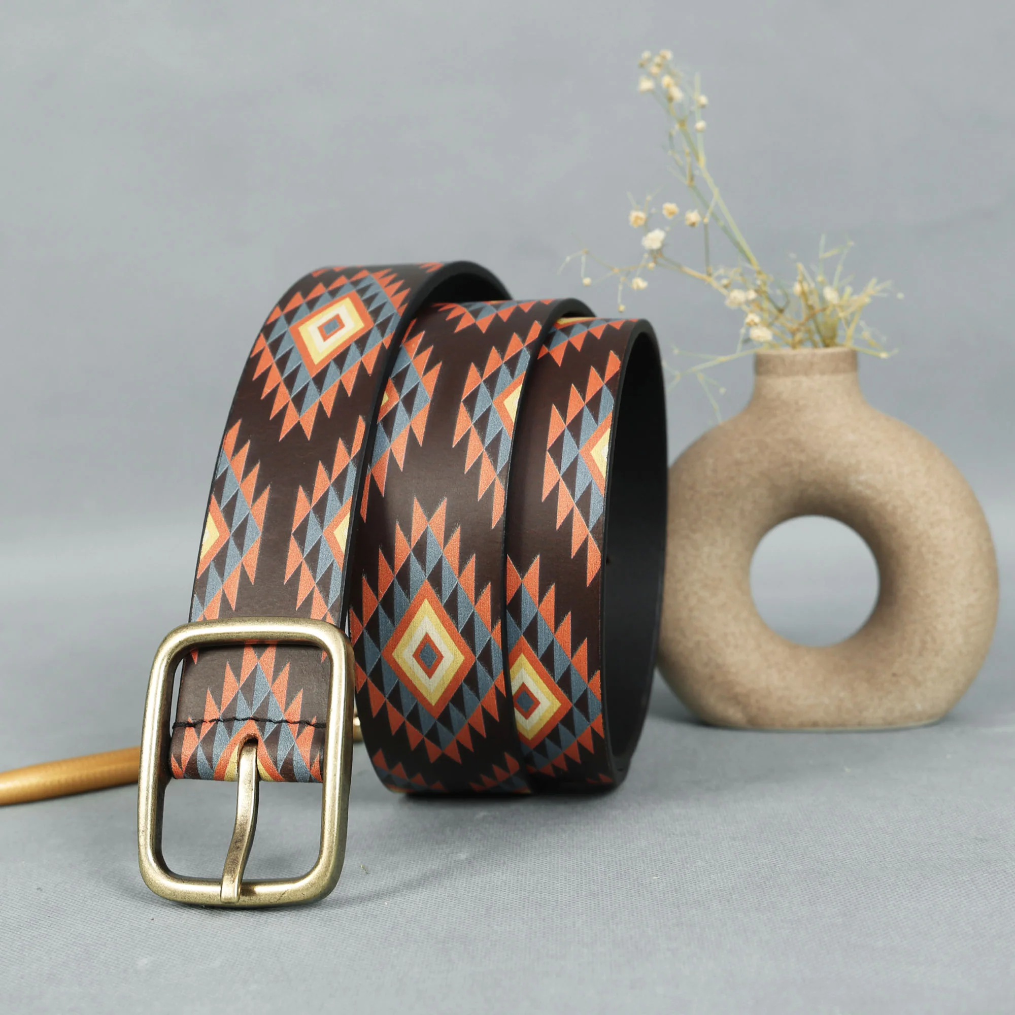 Unisex Ethnic Geometric Pattern Belt with Metal Buckle for Casual Traditional Wear - Image 2