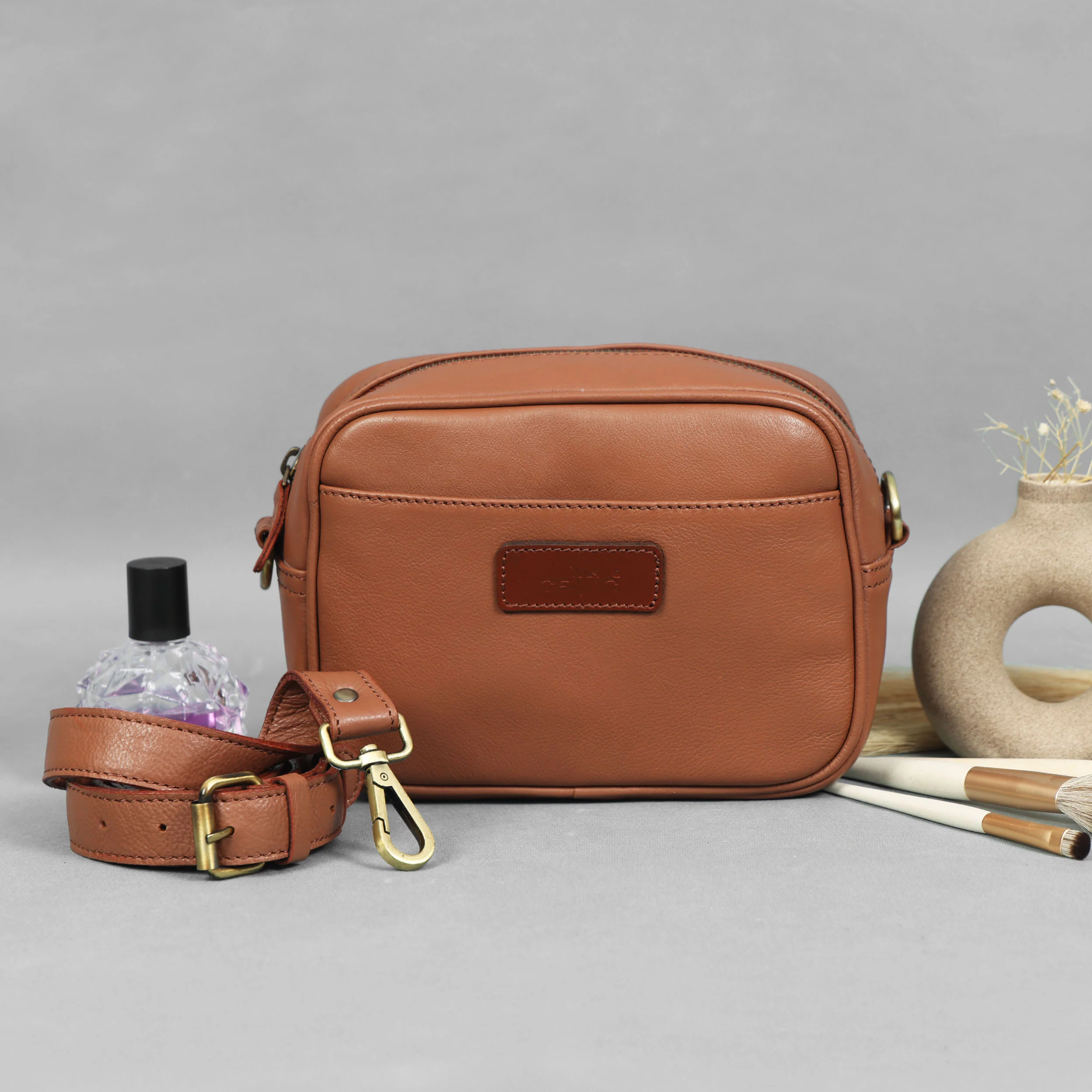 Premium Export Leather Compact Crossbody Bag | Multiple Zip Pockets & Adjustable Strap - Image 20