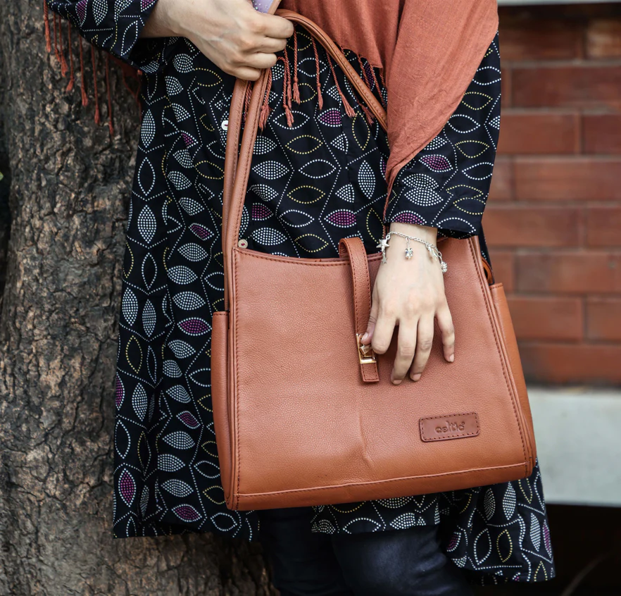 Premium Leather Shoulder Handbag with Lock Closure, Zip Compartments - Image 10