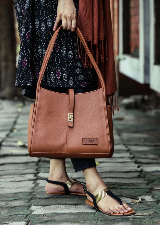 Premium Leather Shoulder Handbag with Lock Closure, Zip Compartments - Image 8