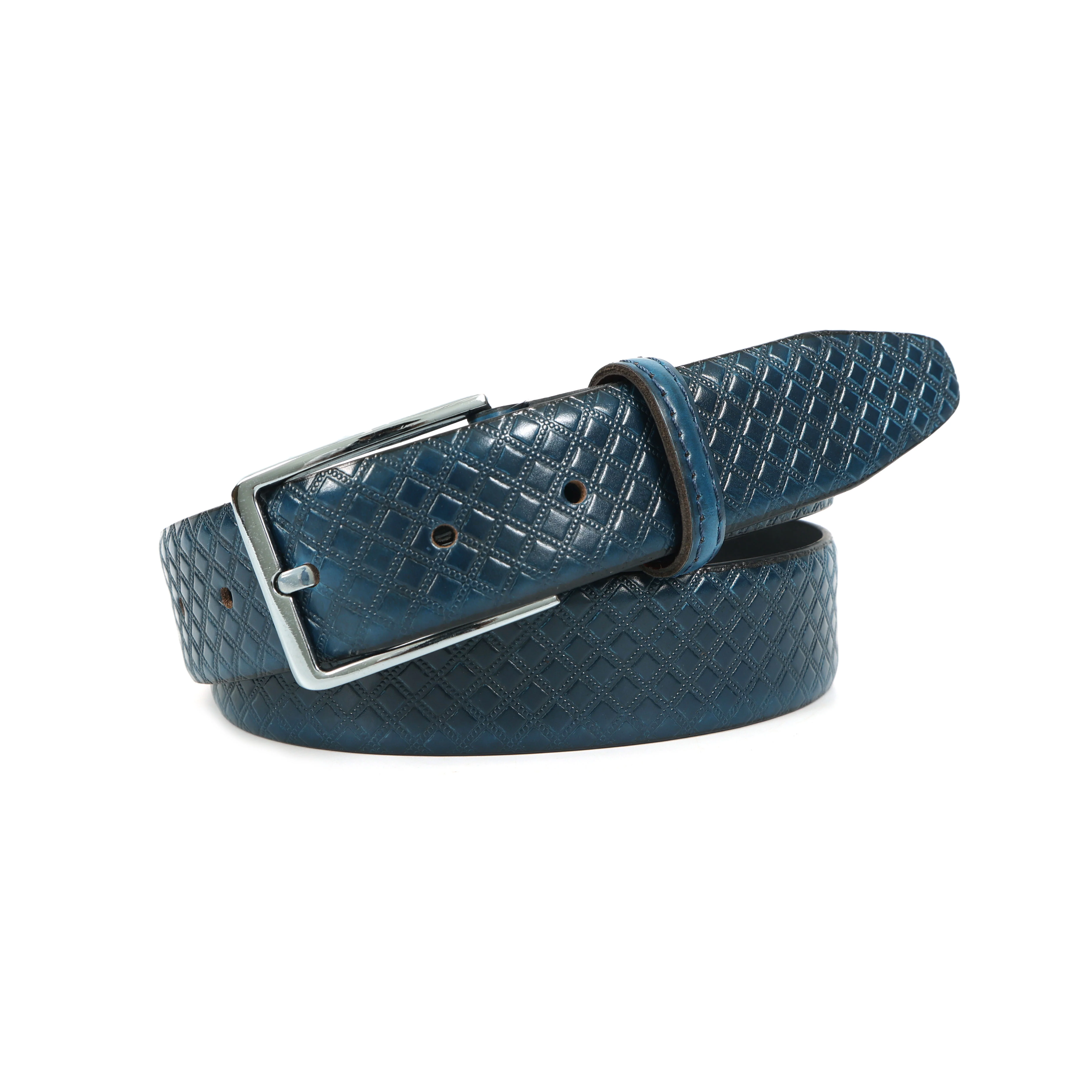 Men Textured Blue Leather Belt with Diamond Pattern Finish and Polished Silver Buckle - Image 2