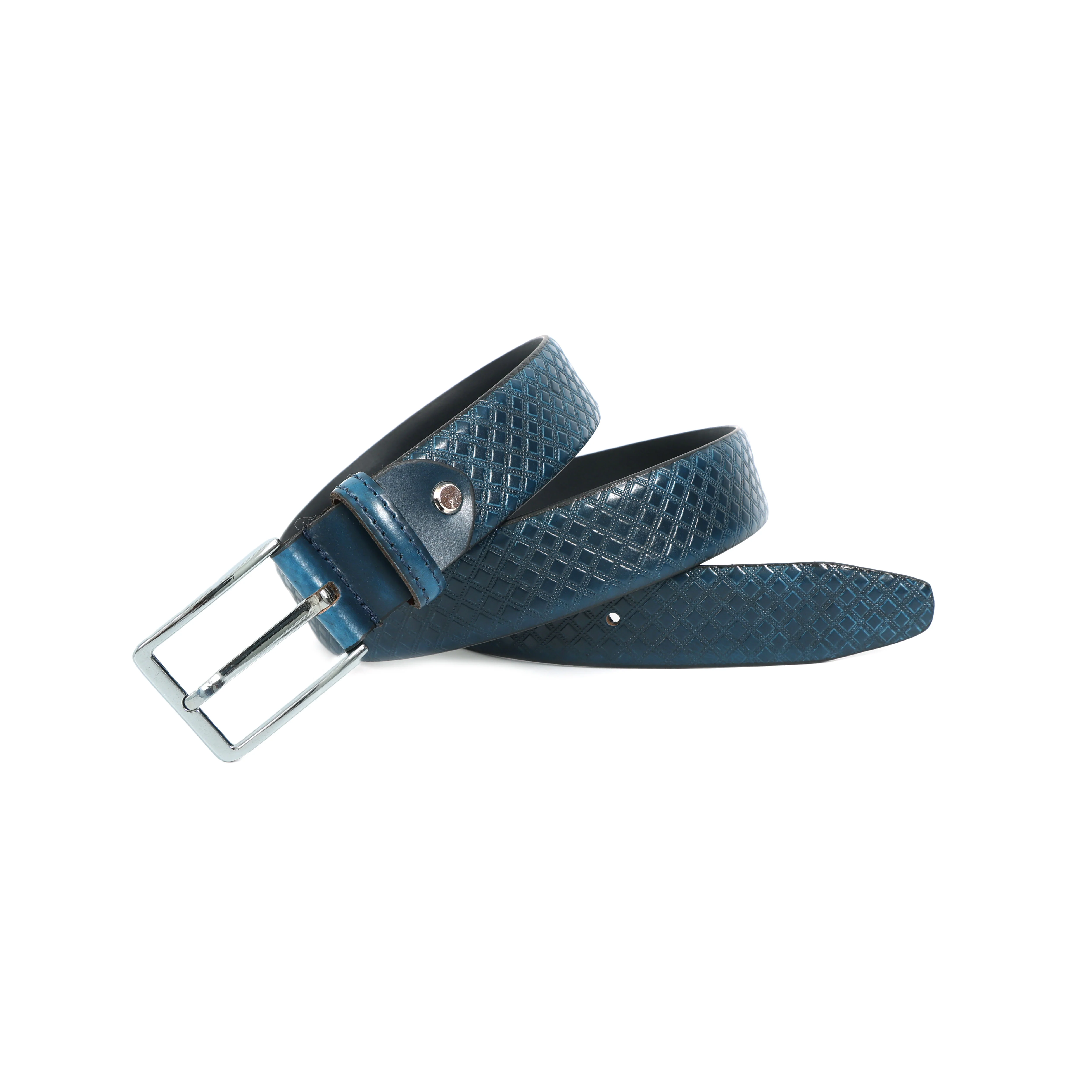 Men Textured Blue Leather Belt with Diamond Pattern Finish and Polished Silver Buckle - Image 3