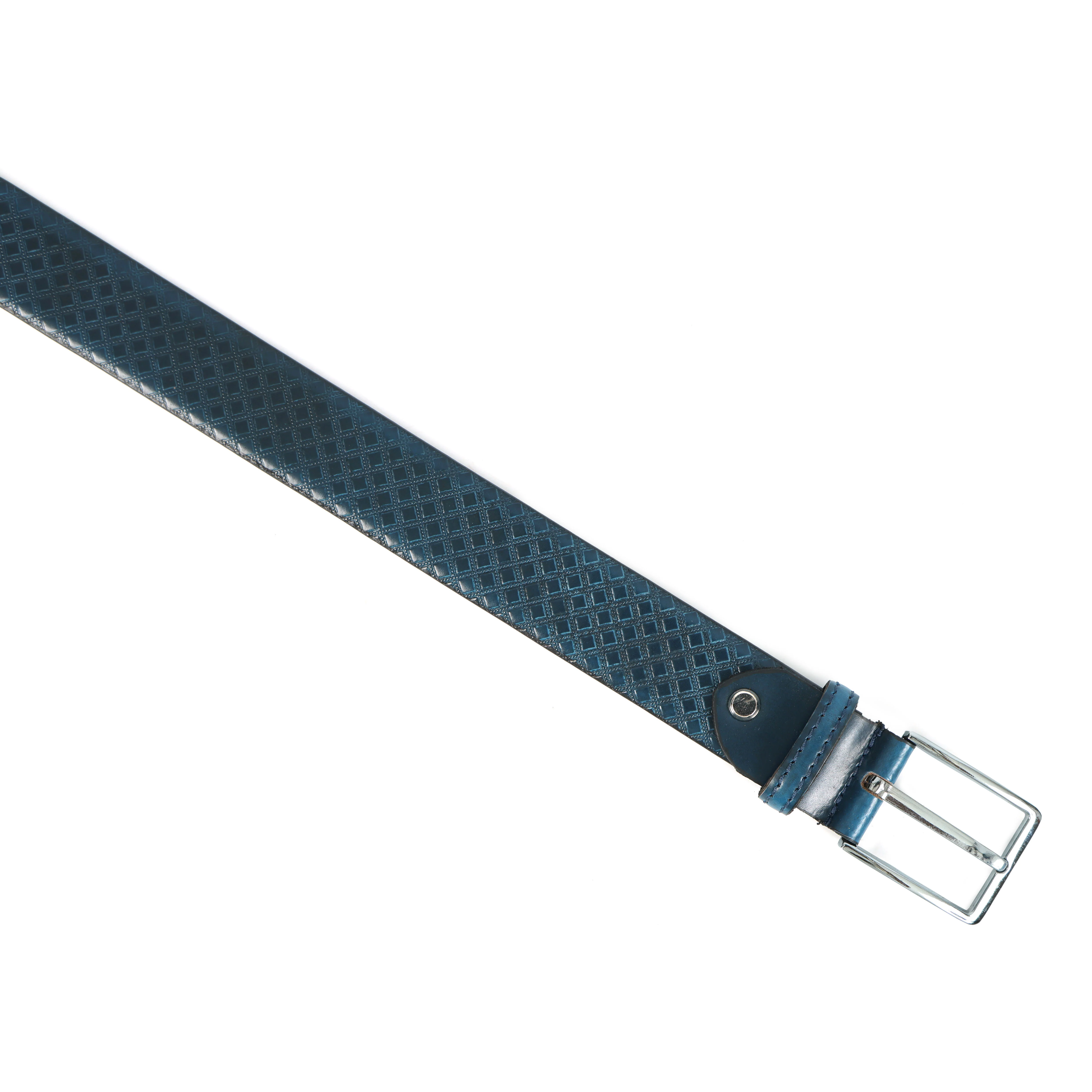 Men Textured Blue Leather Belt with Diamond Pattern Finish and Polished Silver Buckle - Image 4