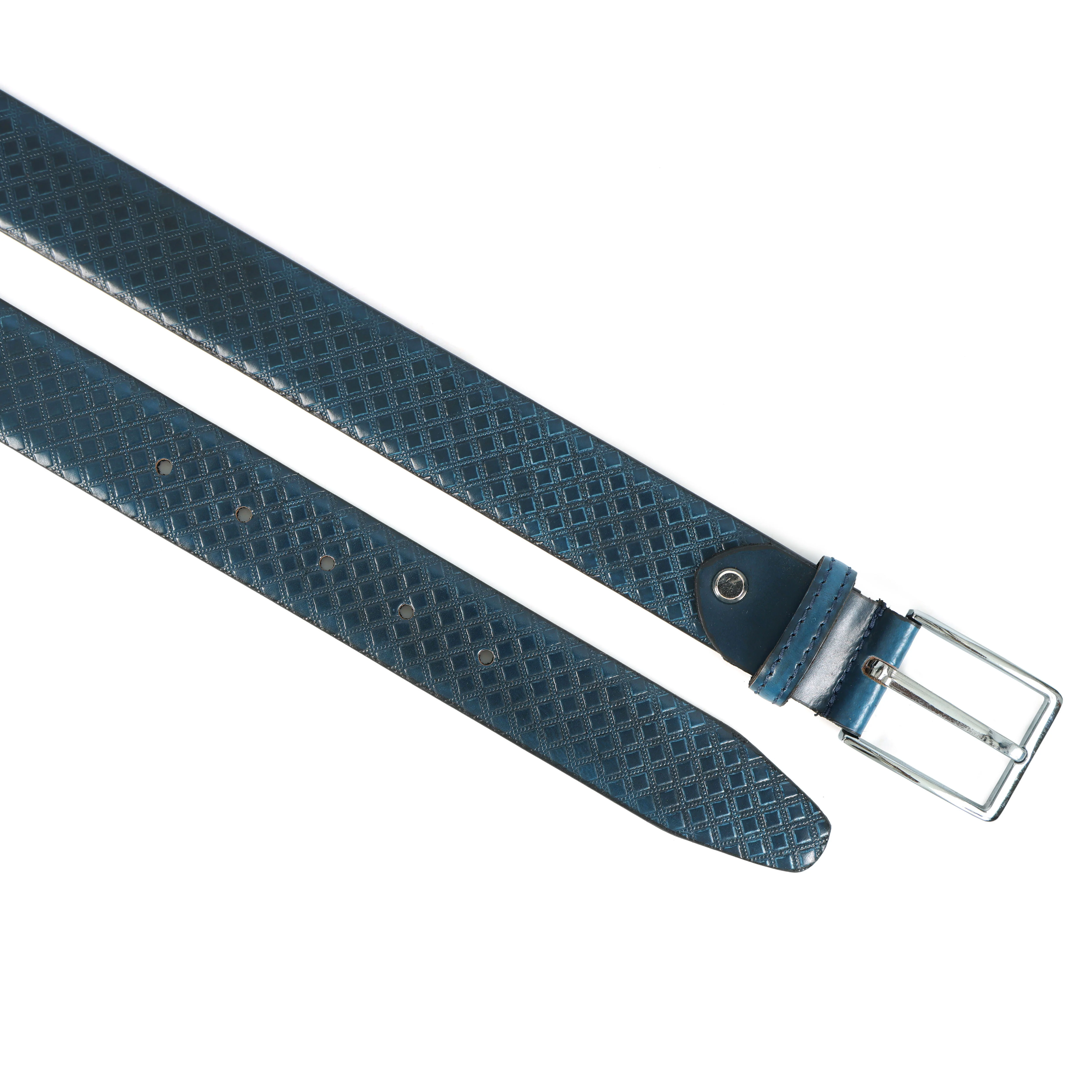 Men Textured Blue Leather Belt with Diamond Pattern Finish and Polished Silver Buckle - Image 6