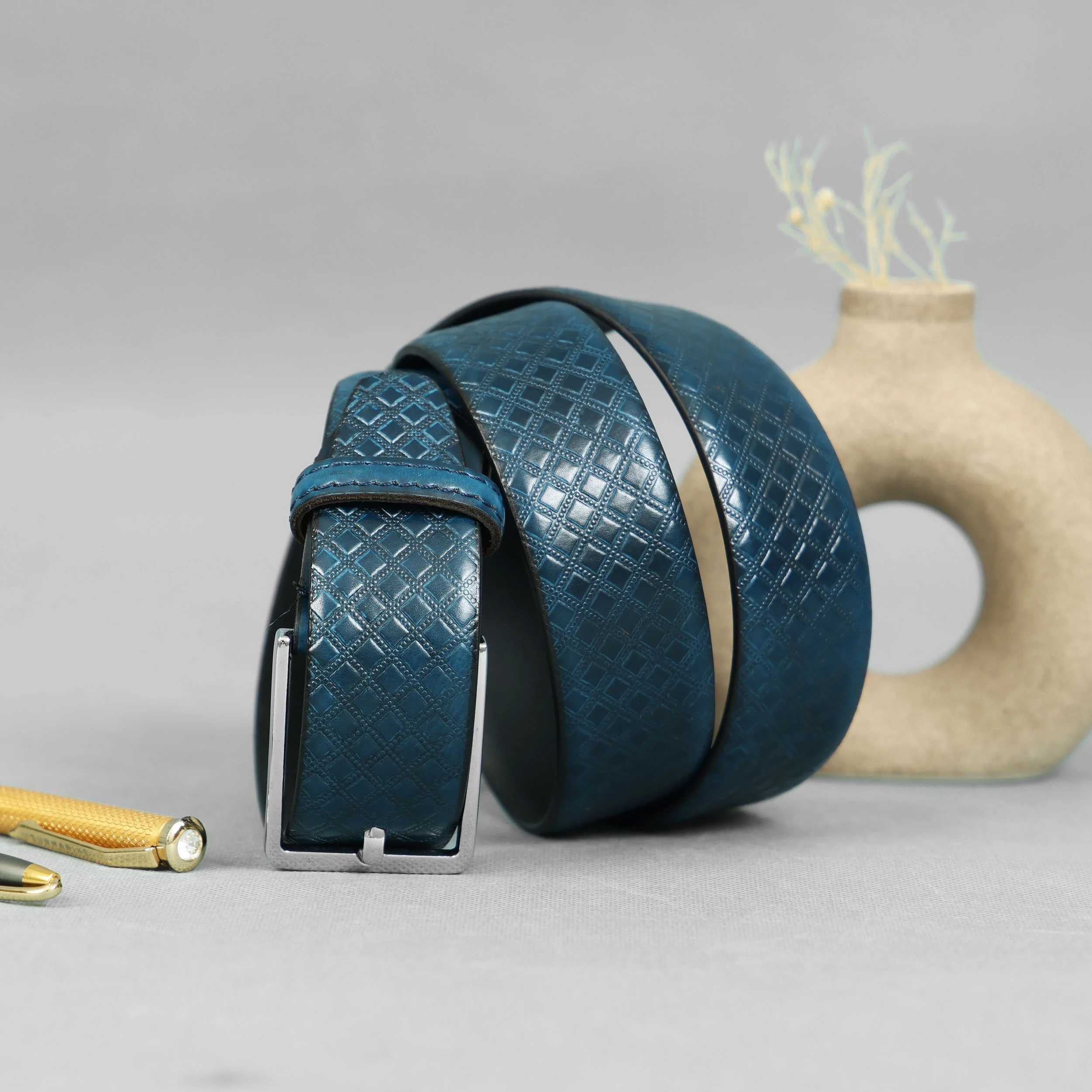 Men Textured Blue Leather Belt with Diamond Pattern Finish and Polished Silver Buckle - Image 7