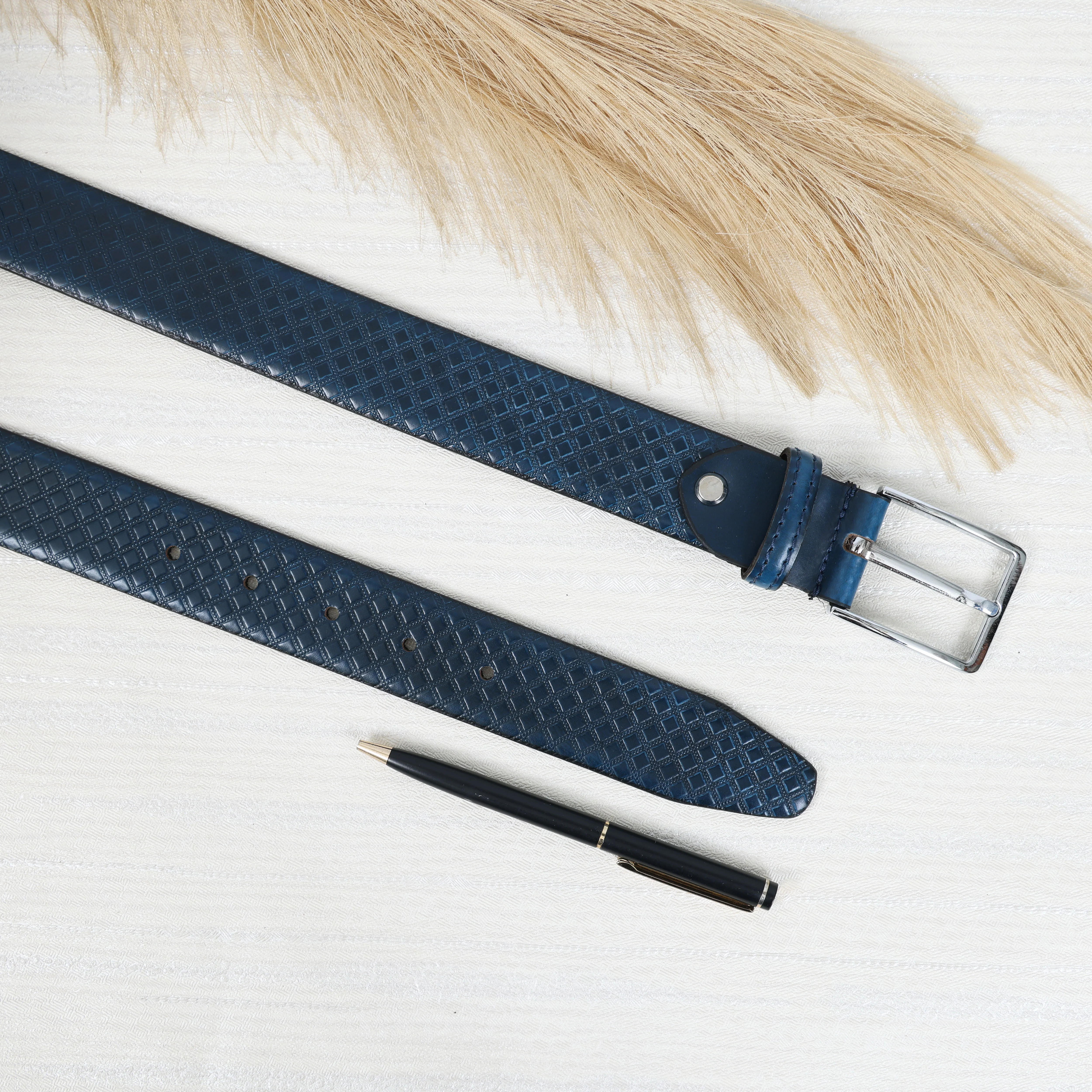 Men Textured Blue Leather Belt with Diamond Pattern Finish and Polished Silver Buckle - Image 8