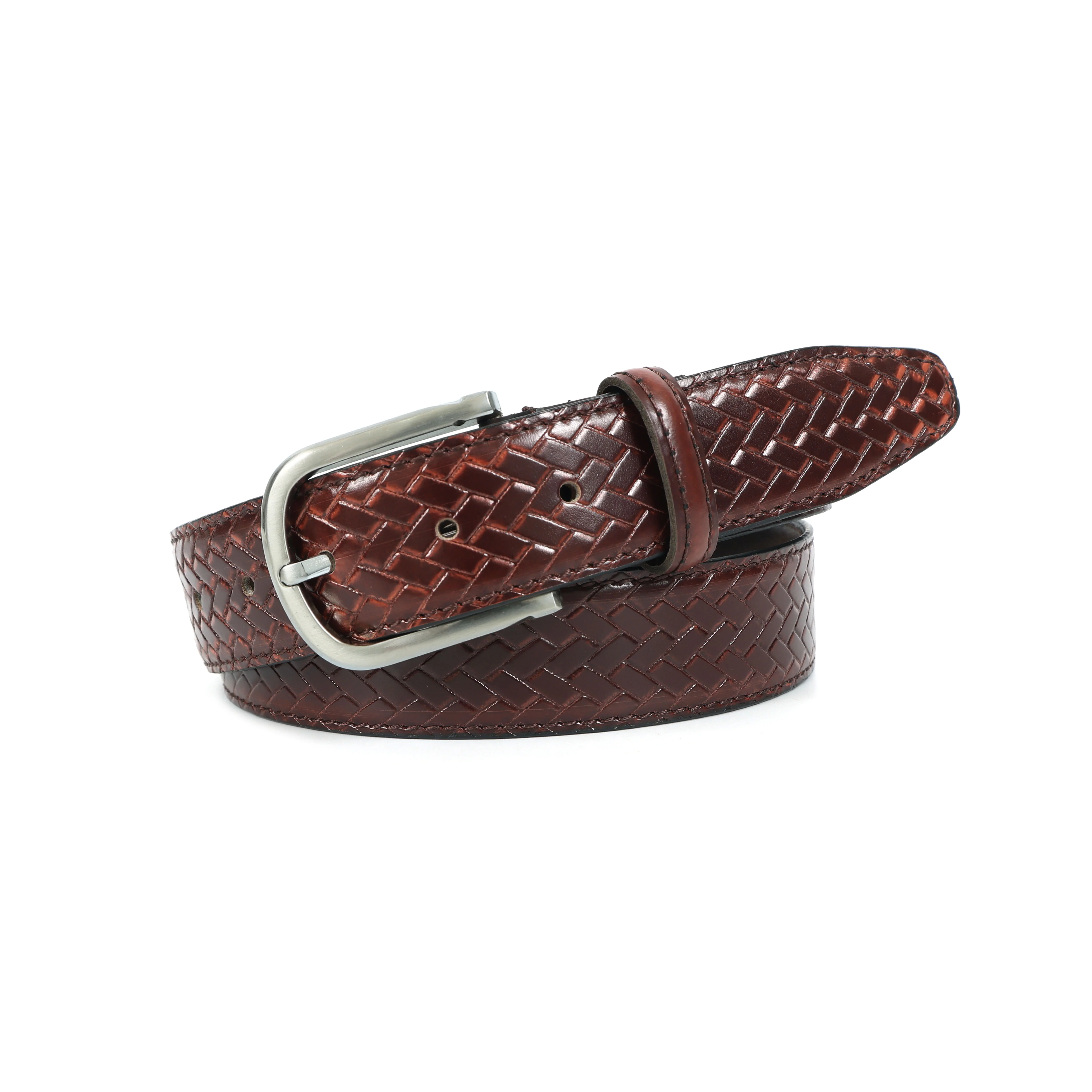 Brown Woven Texture Leather Belt With Silver Buckle Stylish Durable Everyday Wear - Image 2