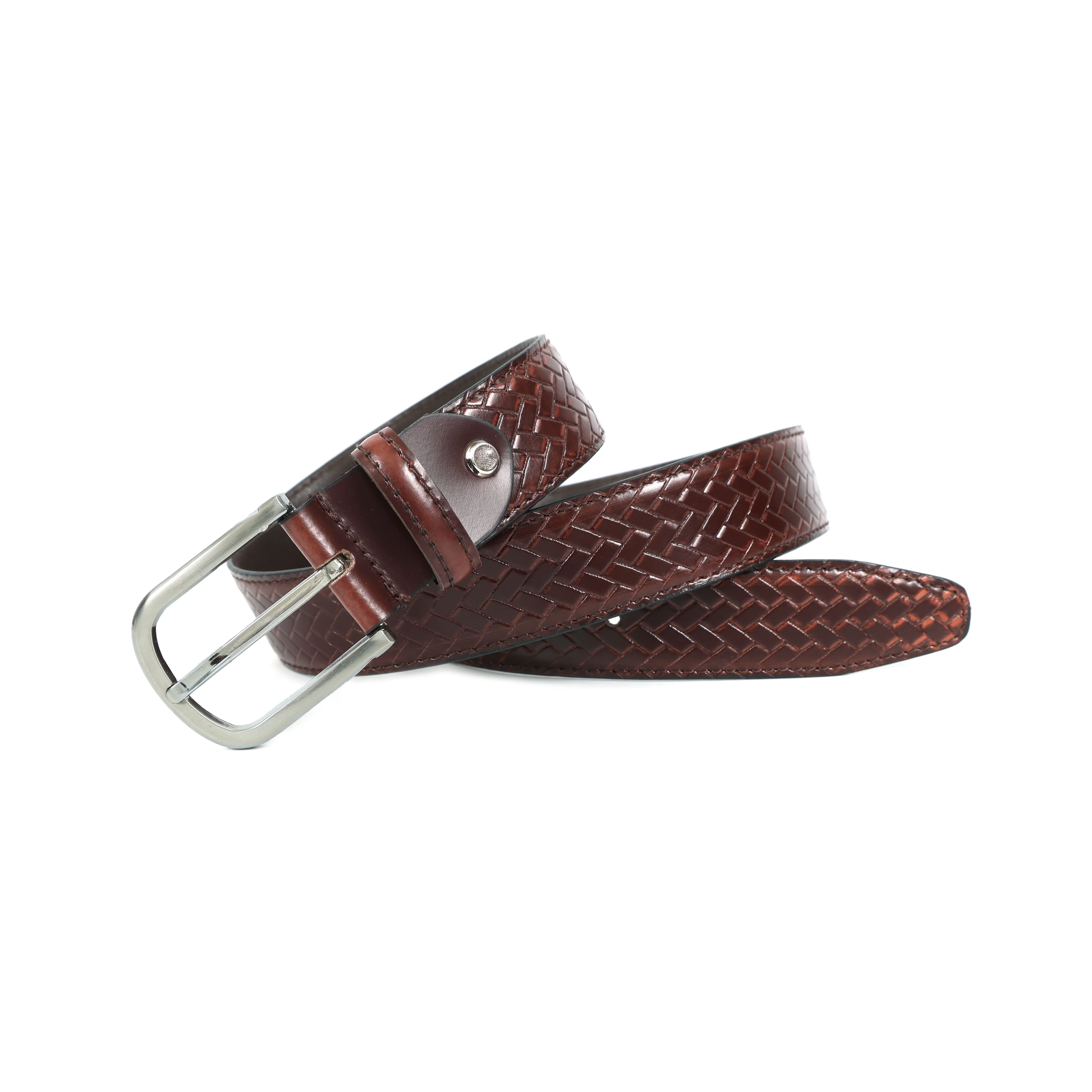 Brown Woven Texture Leather Belt With Silver Buckle Stylish Durable Everyday Wear - Image 3