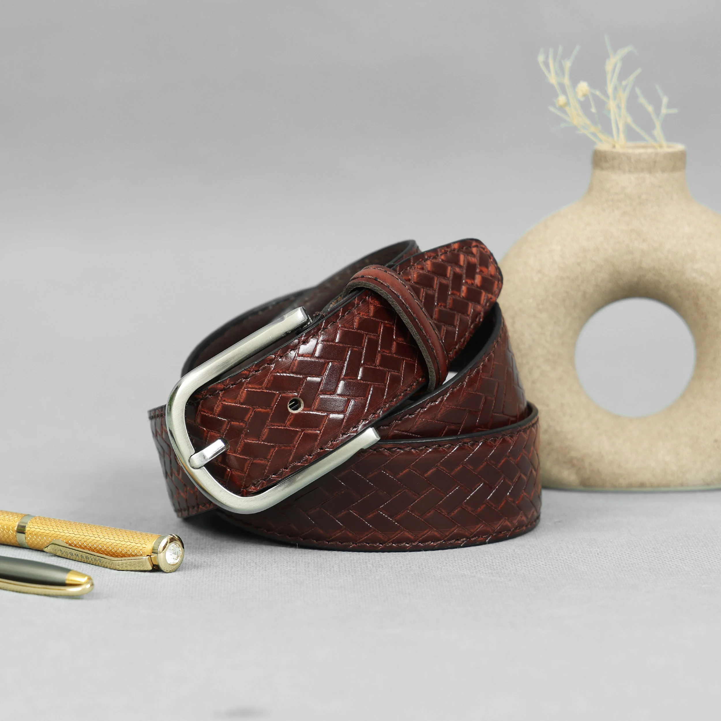 Brown Woven Texture Leather Belt With Silver Buckle Stylish Durable Everyday Wear - Image 8