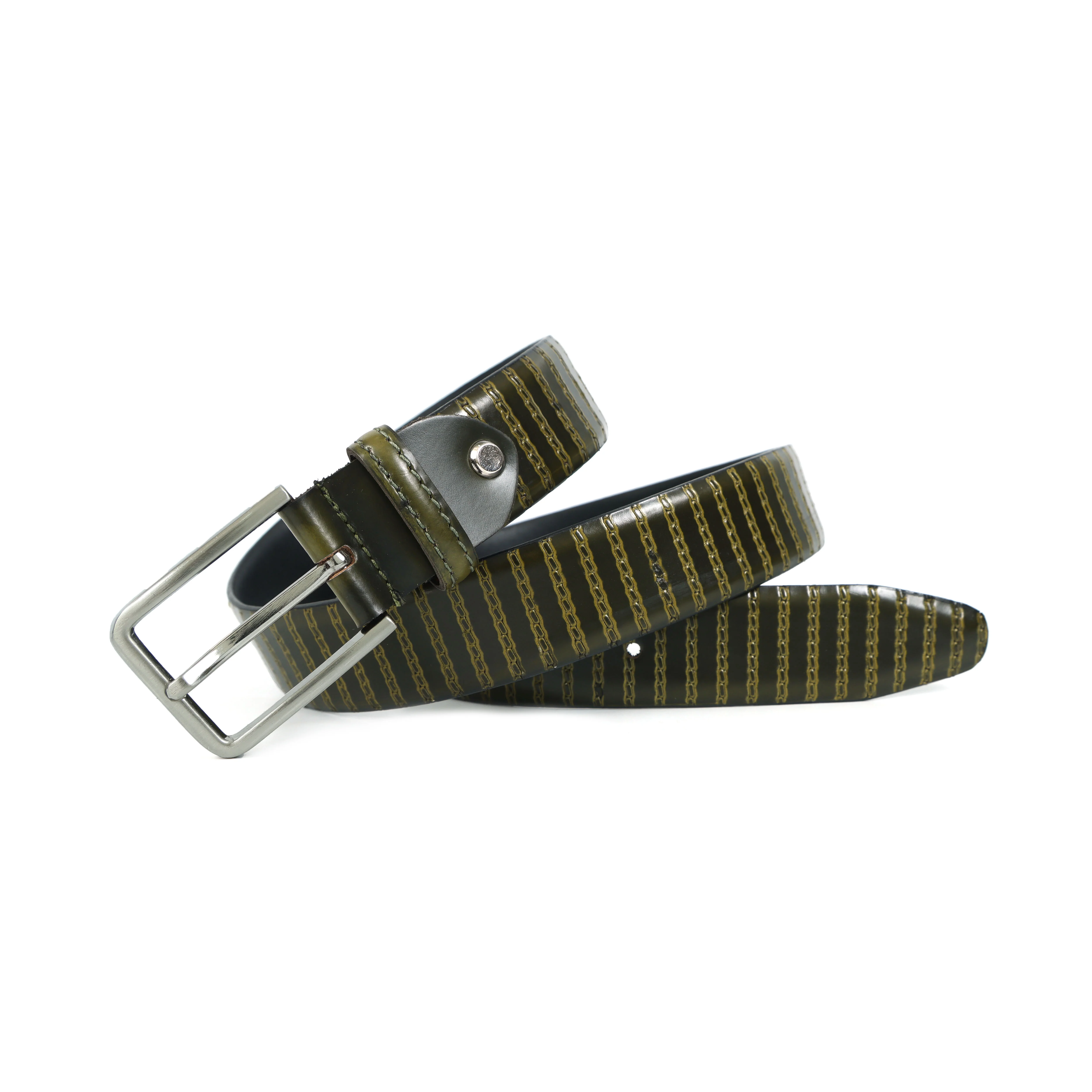 Men Olive Textured Leather Belt With Vertical Stripe Pattern And Classic Metal Buckle - Image 2