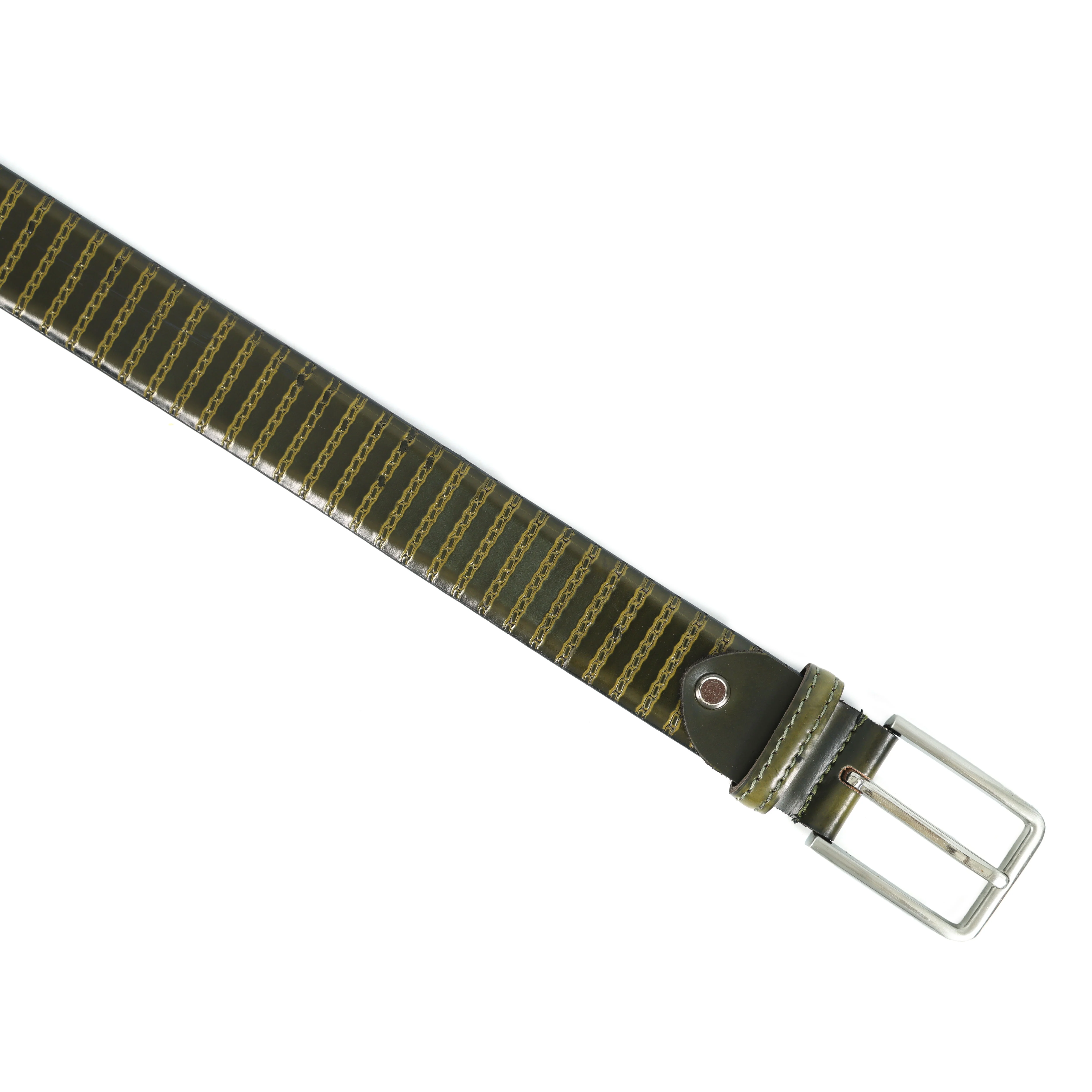 Men Olive Textured Leather Belt With Vertical Stripe Pattern And Classic Metal Buckle - Image 3