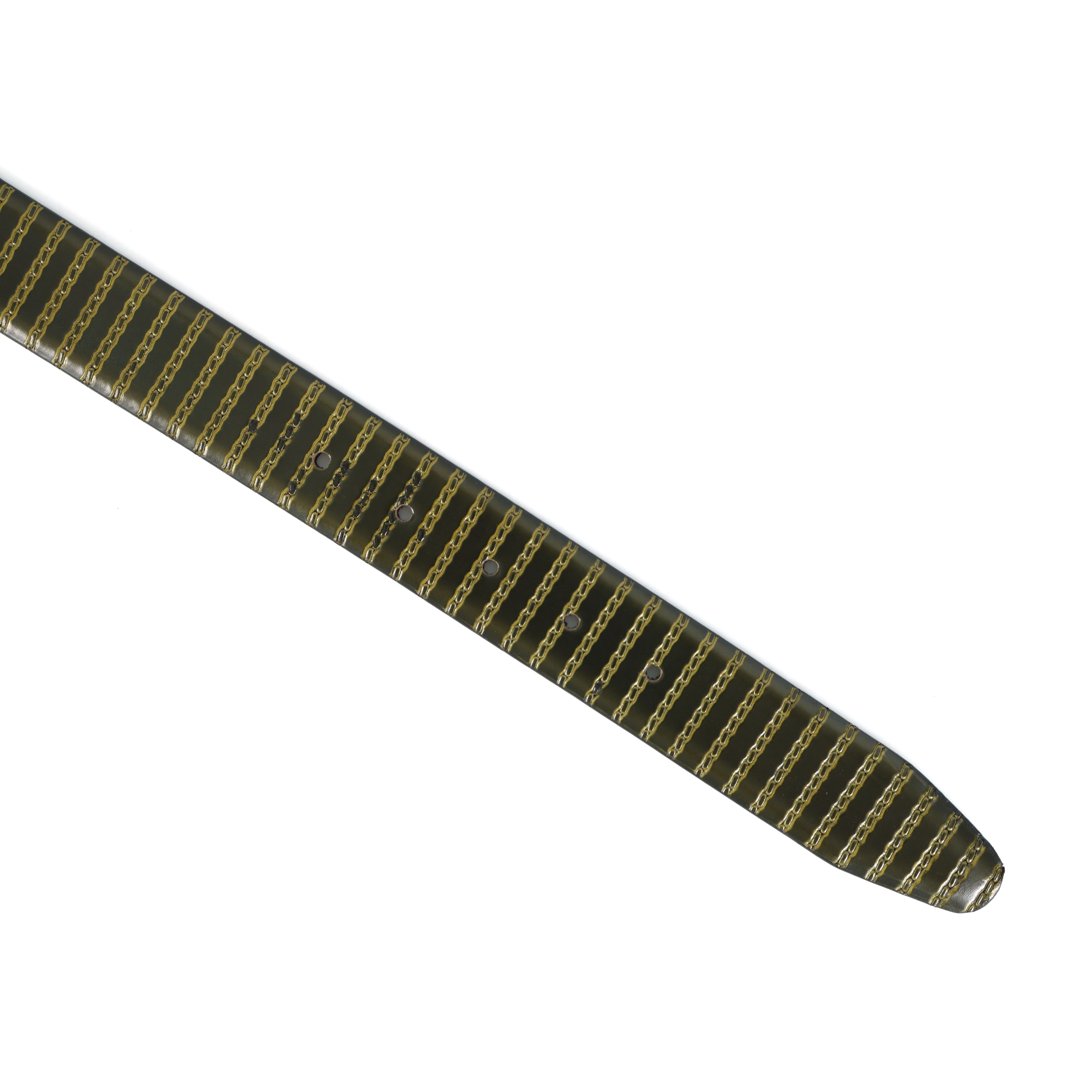 Men Olive Textured Leather Belt With Vertical Stripe Pattern And Classic Metal Buckle - Image 4
