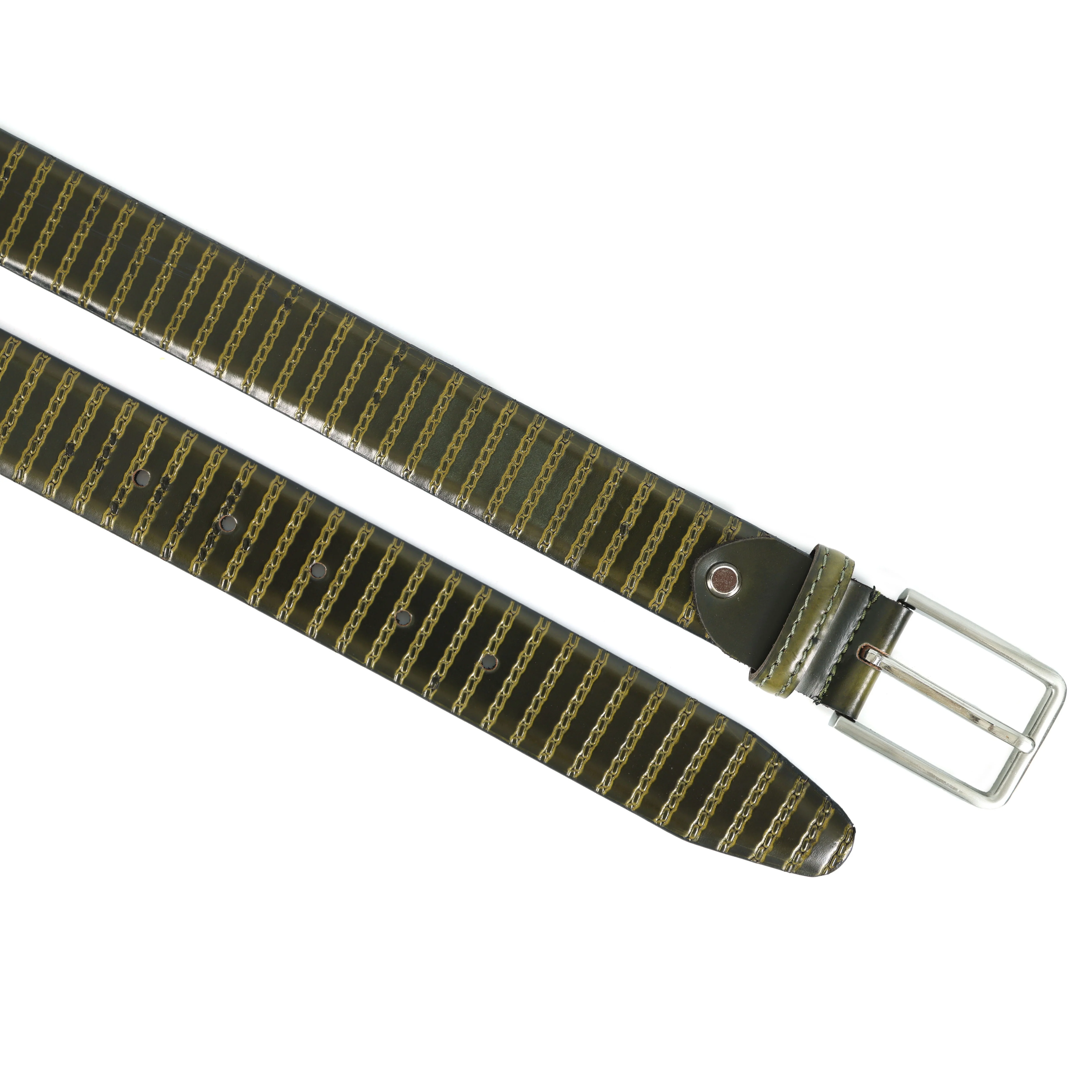 Men Olive Textured Leather Belt With Vertical Stripe Pattern And Classic Metal Buckle - Image 5
