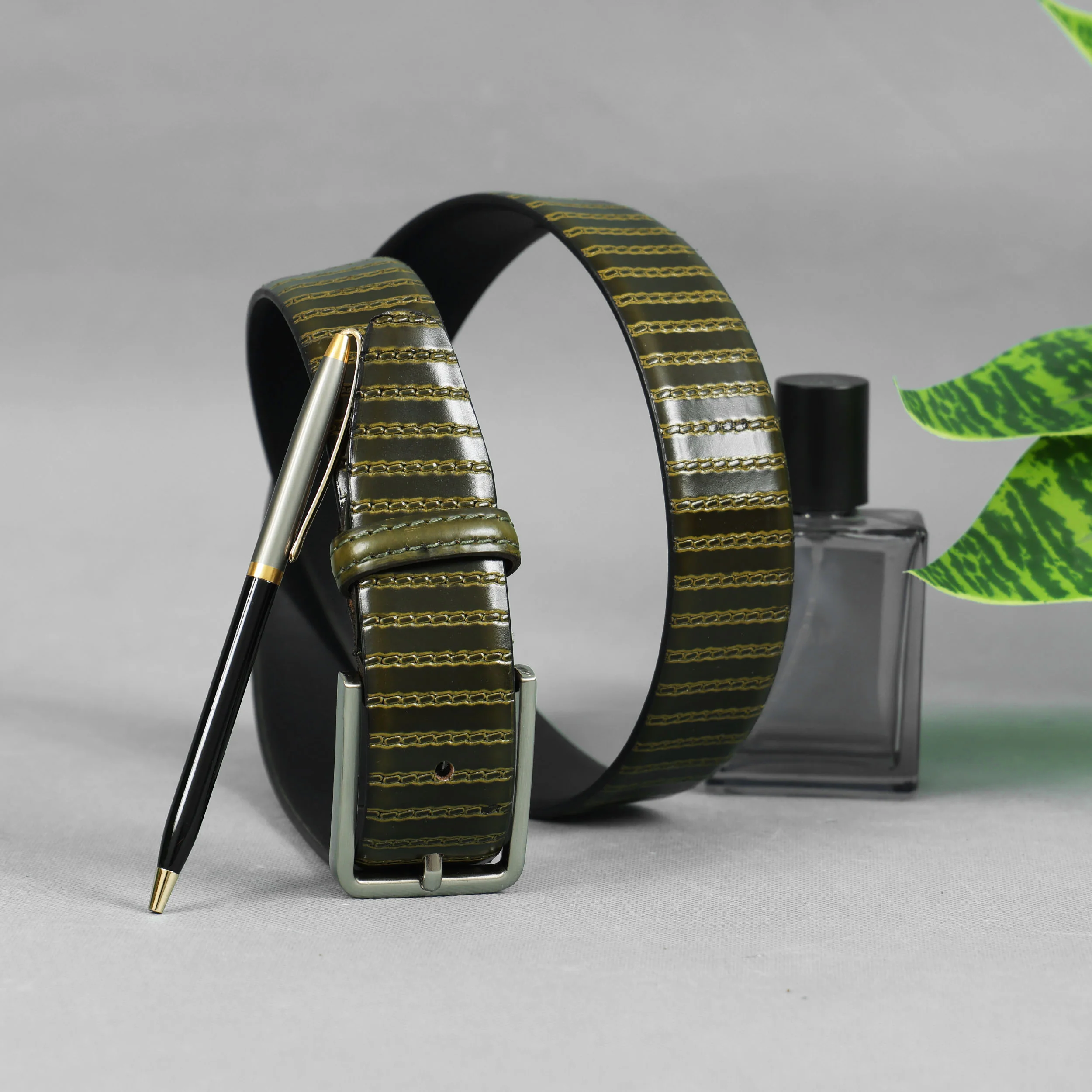 Men Olive Textured Leather Belt With Vertical Stripe Pattern And Classic Metal Buckle - Image 8