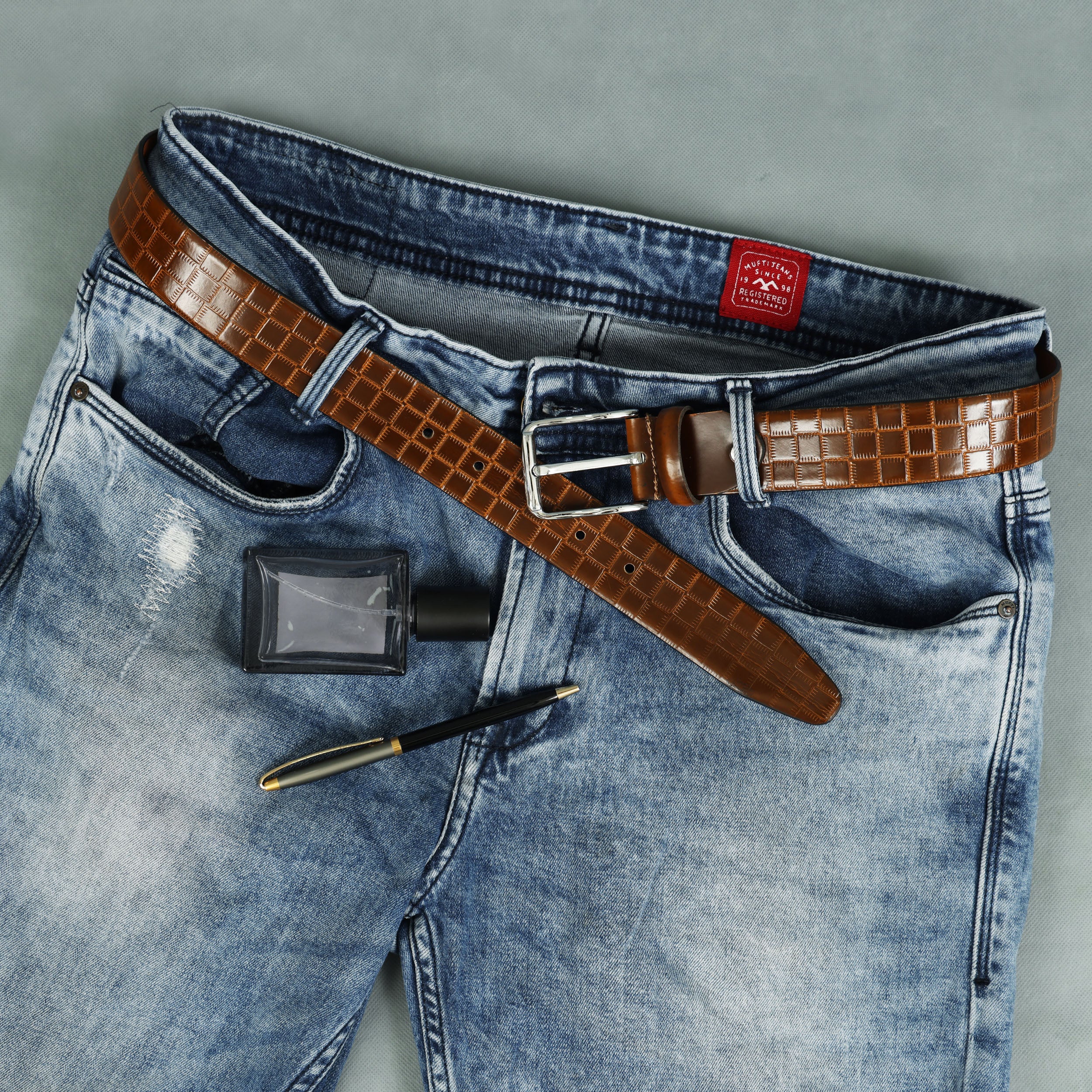 Men Premium Tan Textured Leather Belt With Grid Pattern Finish And Polished Metal Buckle