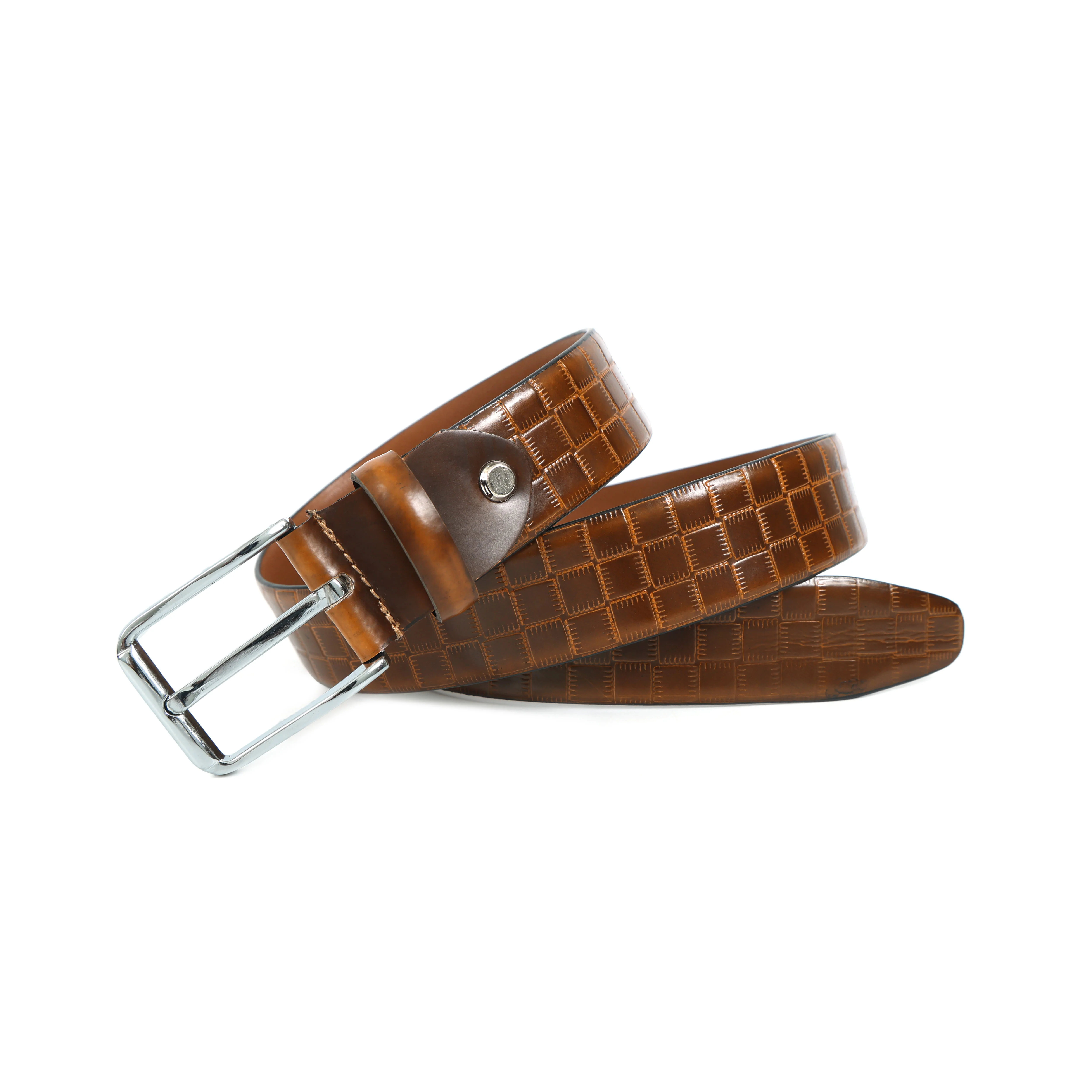Men Premium Tan Textured Leather Belt With Grid Pattern Finish And Polished Metal Buckle - Image 2