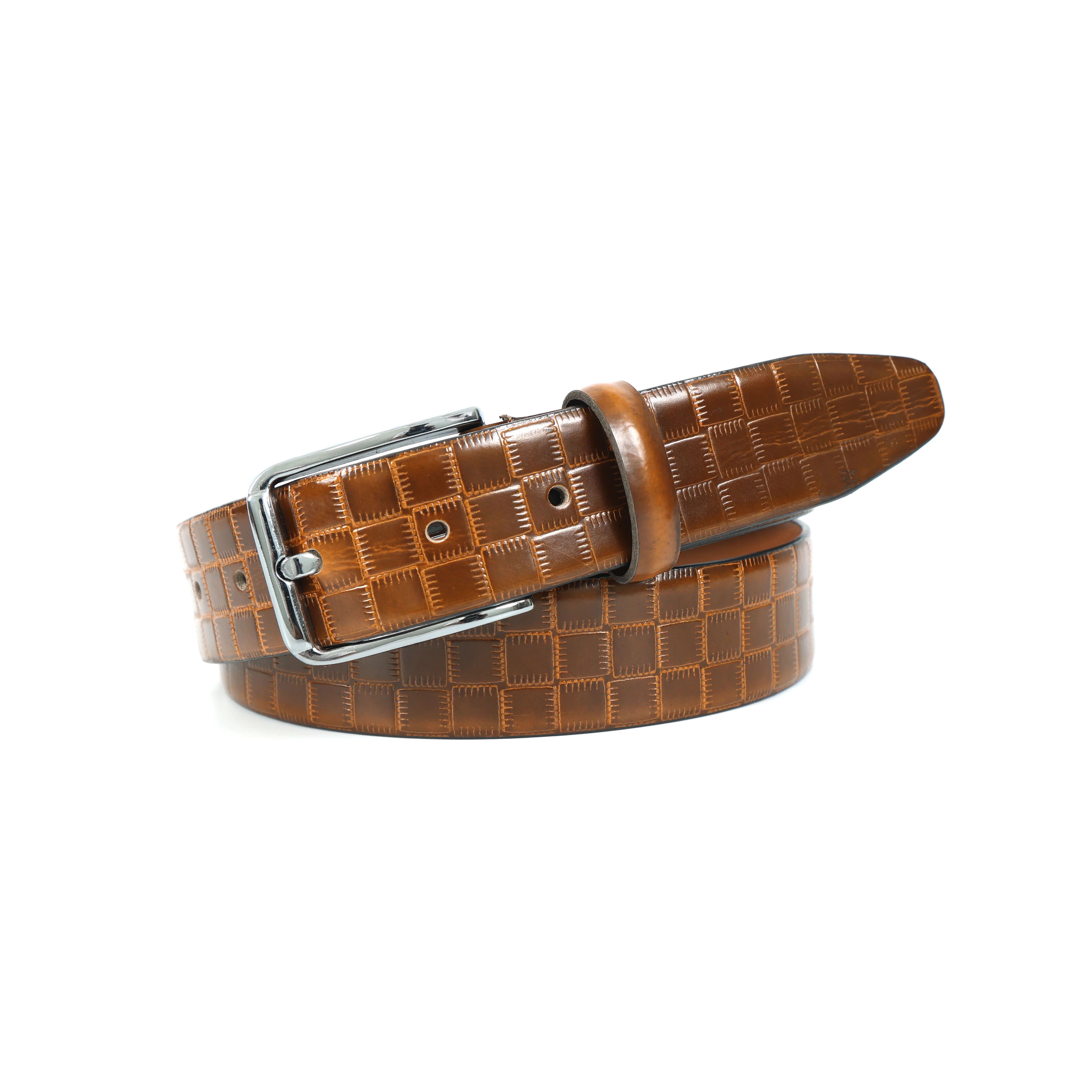 Men Premium Tan Textured Leather Belt With Grid Pattern Finish And Polished Metal Buckle - Image 5