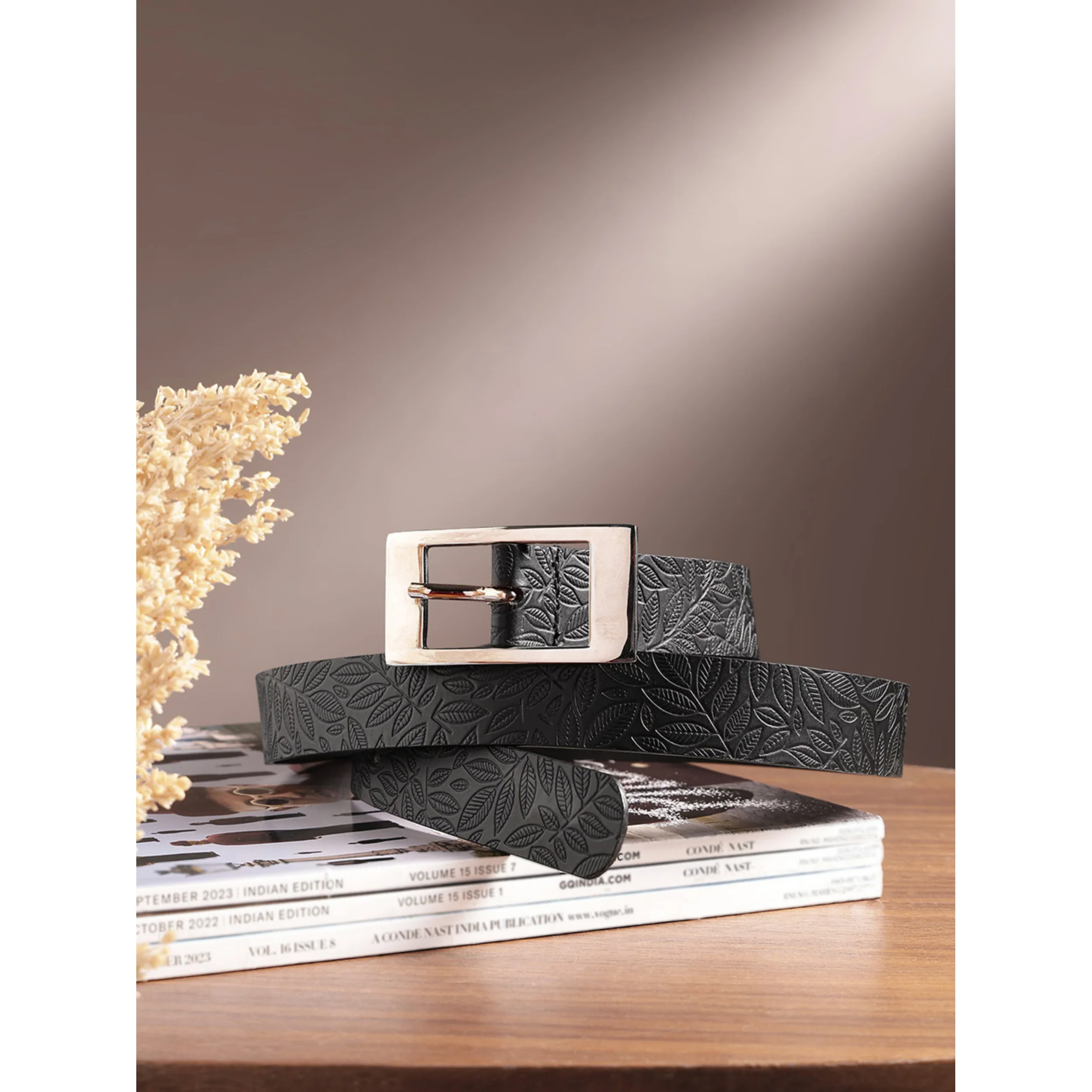Unisex Black Embossed Leather Belt with Sleek Silver Buckle Leaf Pattern Design