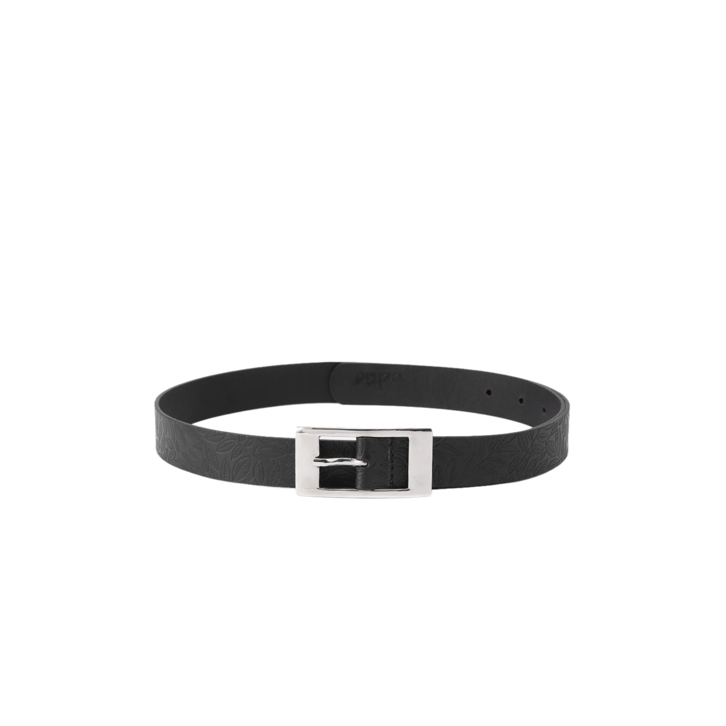 Unisex Black Embossed Leather Belt with Sleek Silver Buckle Leaf Pattern Design - Image 2