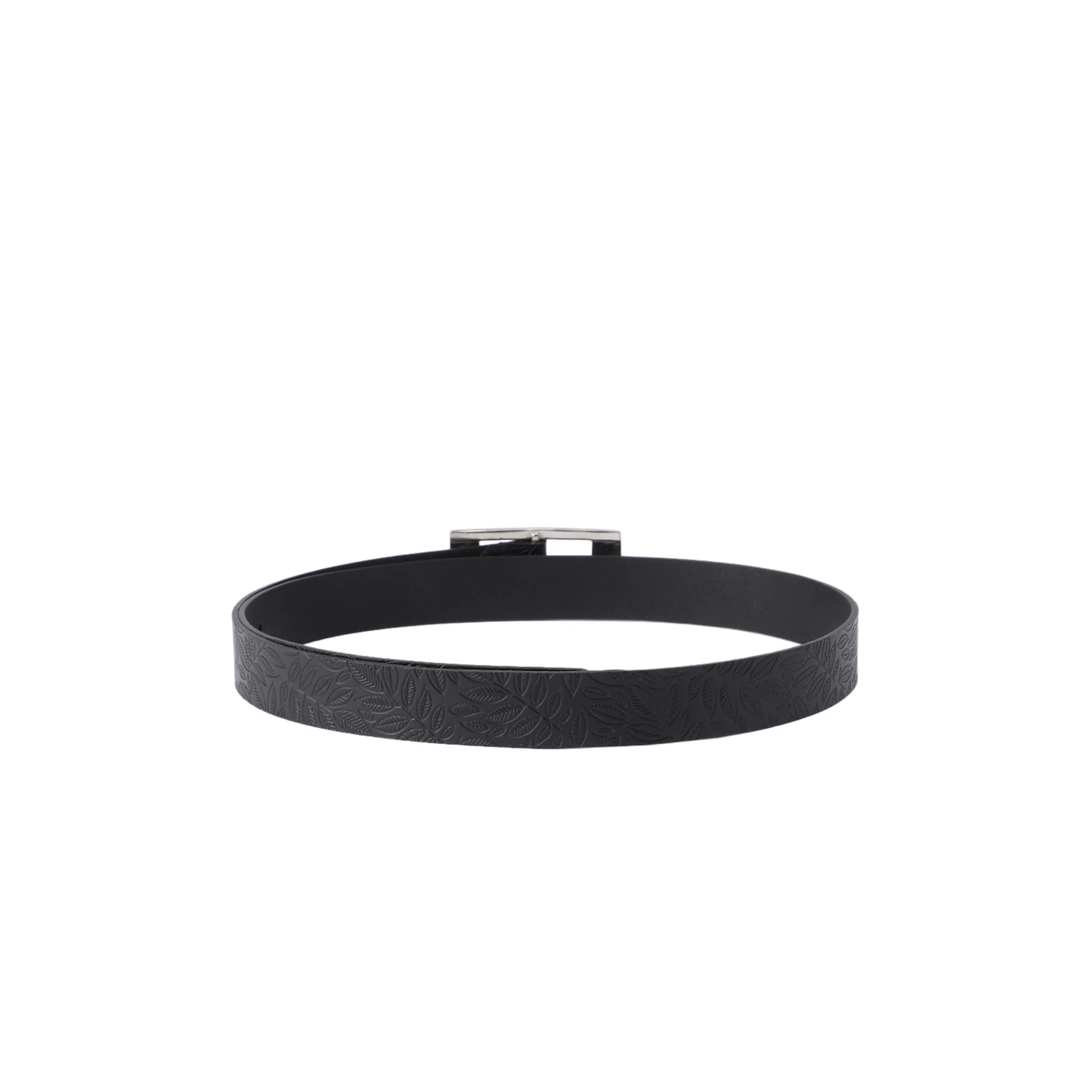 Unisex Black Embossed Leather Belt with Sleek Silver Buckle Leaf Pattern Design - Image 4