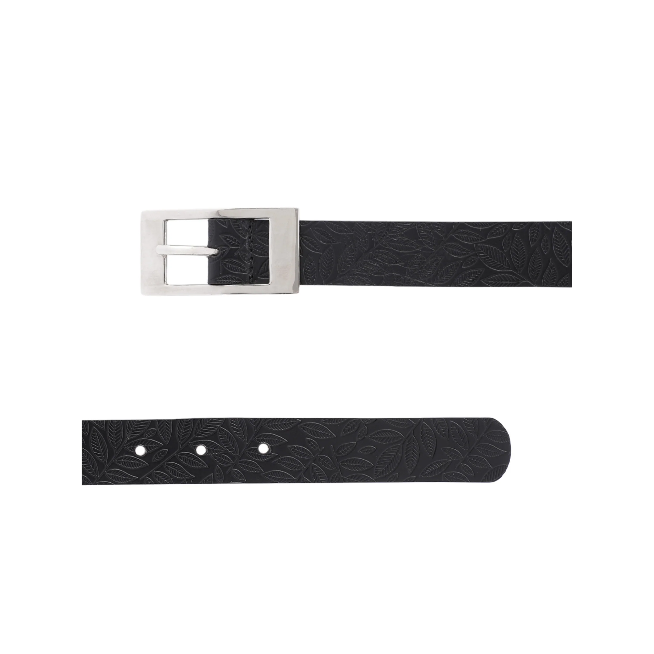 Unisex Black Embossed Leather Belt with Sleek Silver Buckle Leaf Pattern Design - Image 5