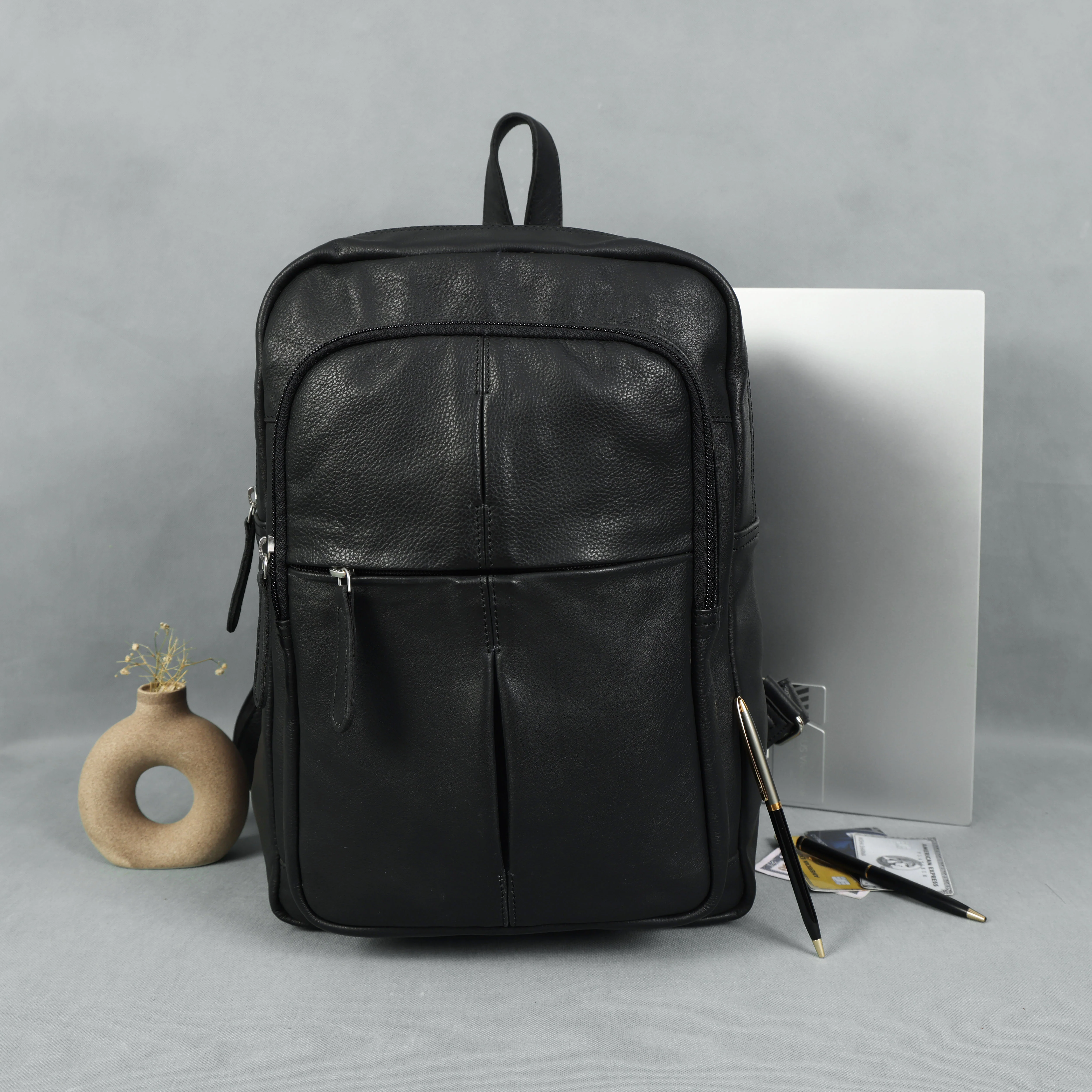 Premium Genuine Leather Multi-Zip Backpack with Padded Straps & Smart Organizer