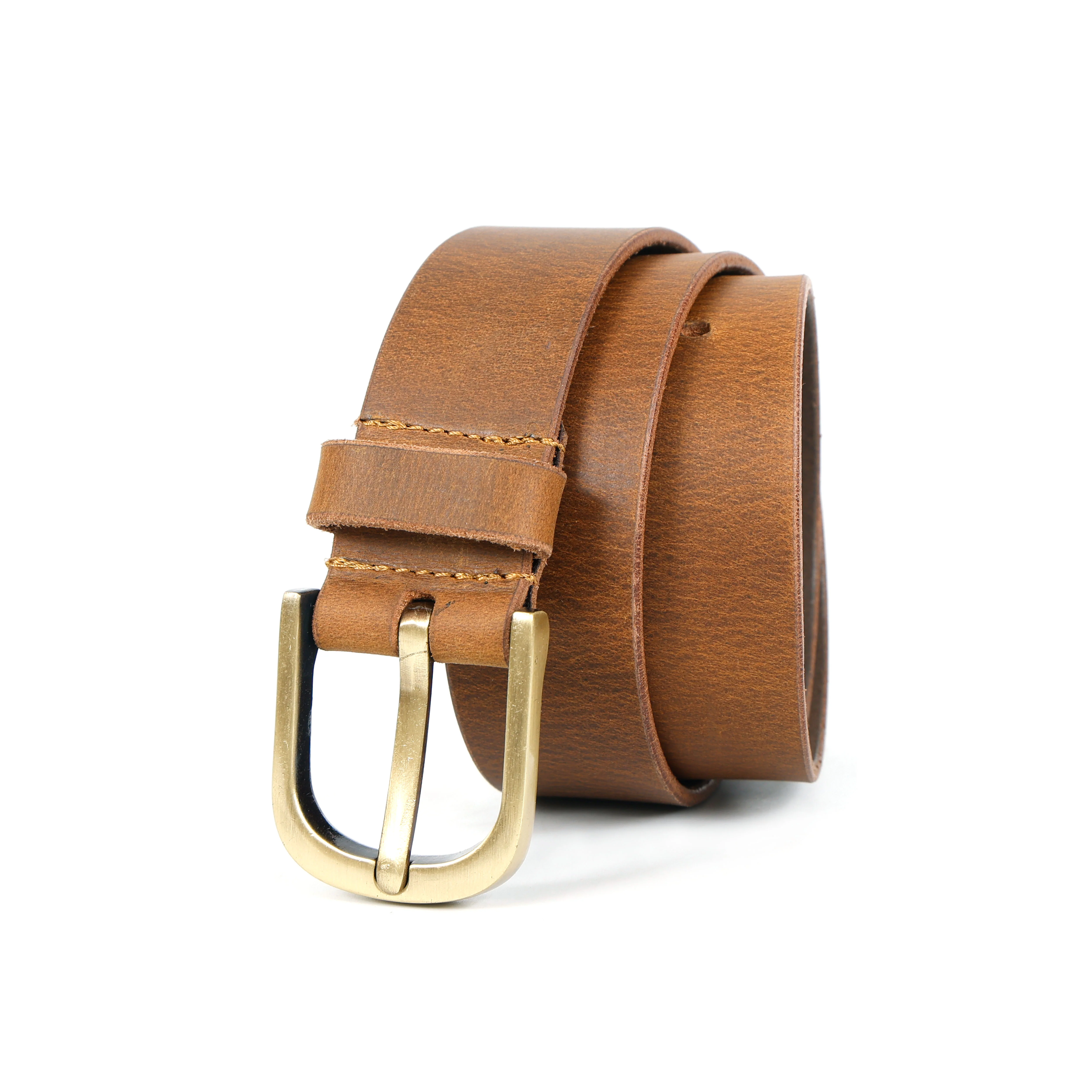 Unisex Premium Tan Leather Belt Brass Buckle Classic Formal Casual Wear Accessory - Image 2
