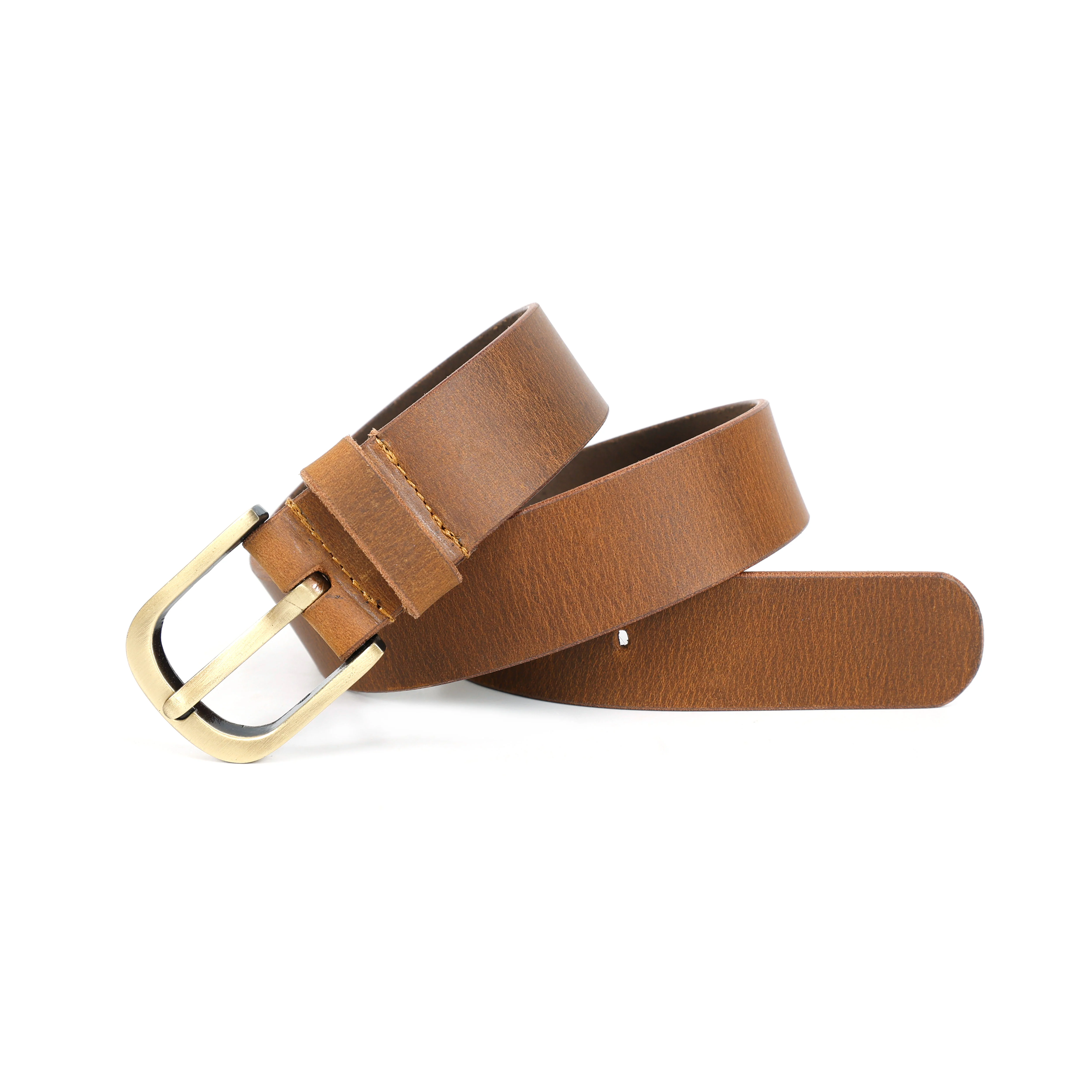 Unisex Premium Tan Leather Belt Brass Buckle Classic Formal Casual Wear Accessory - Image 3
