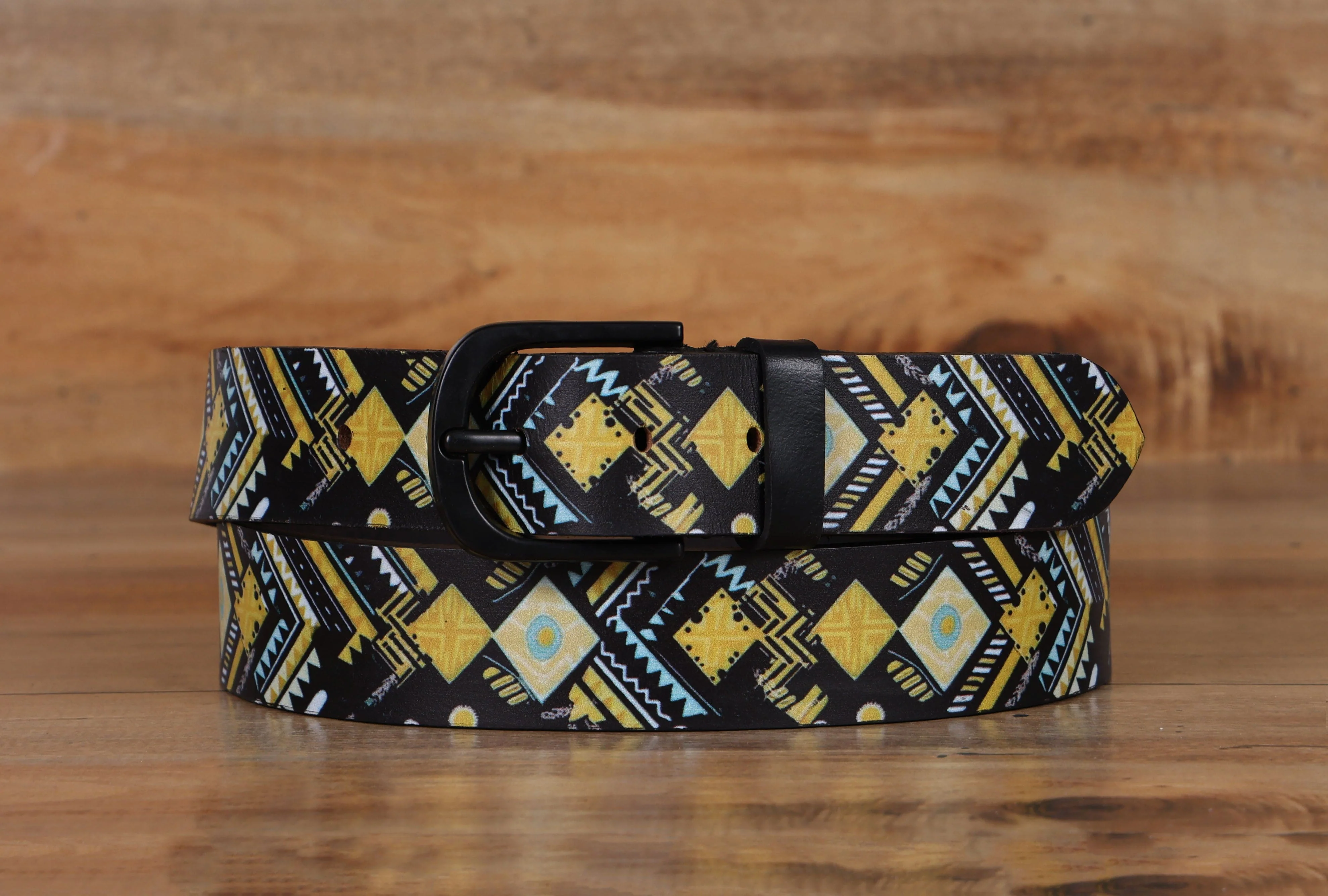 Unisex Genuine Leather Tribal Geometric Yellow Black Waist Accessory Matte Buckle - Image 2