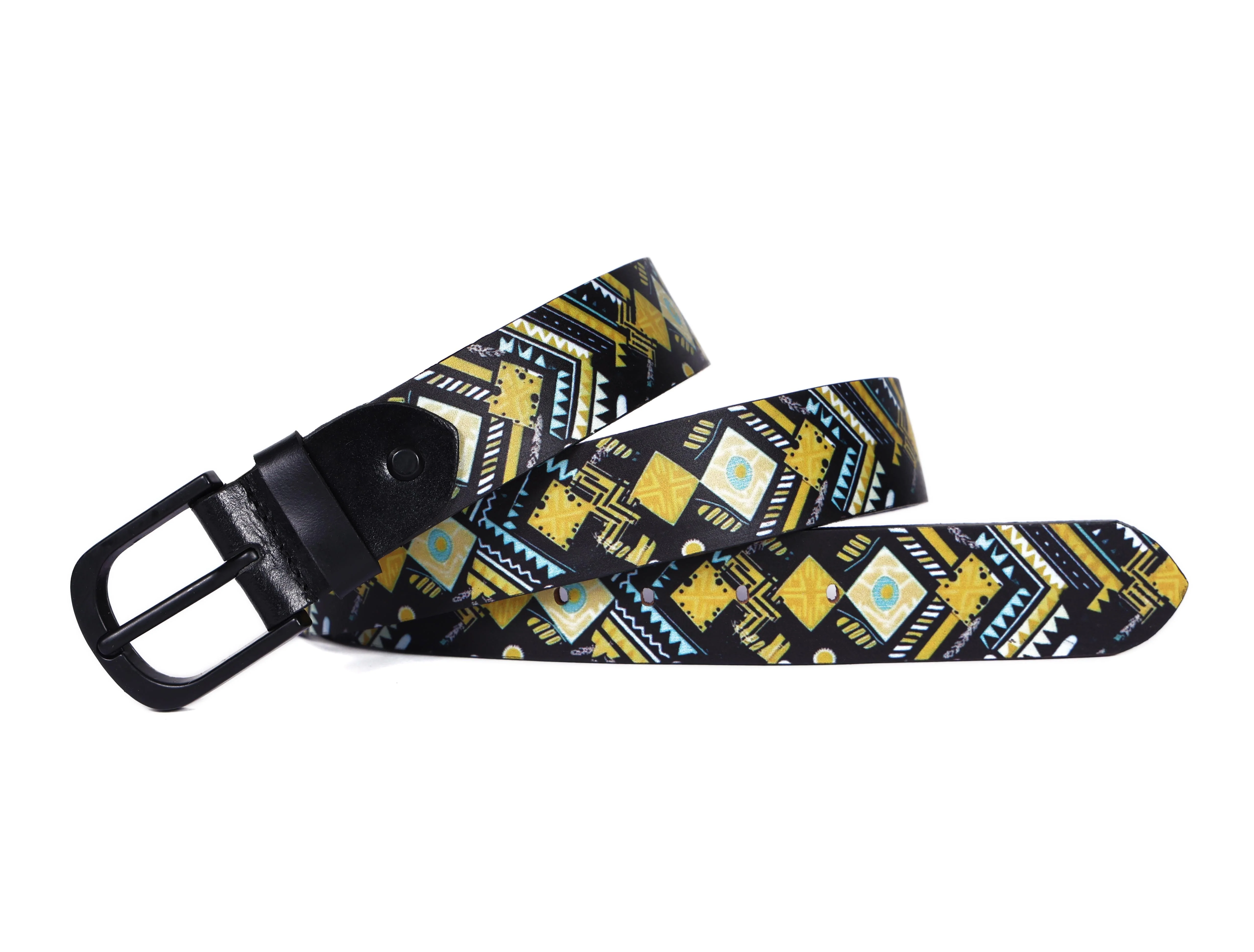 Unisex Genuine Leather Tribal Geometric Yellow Black Waist Accessory Matte Buckle - Image 3