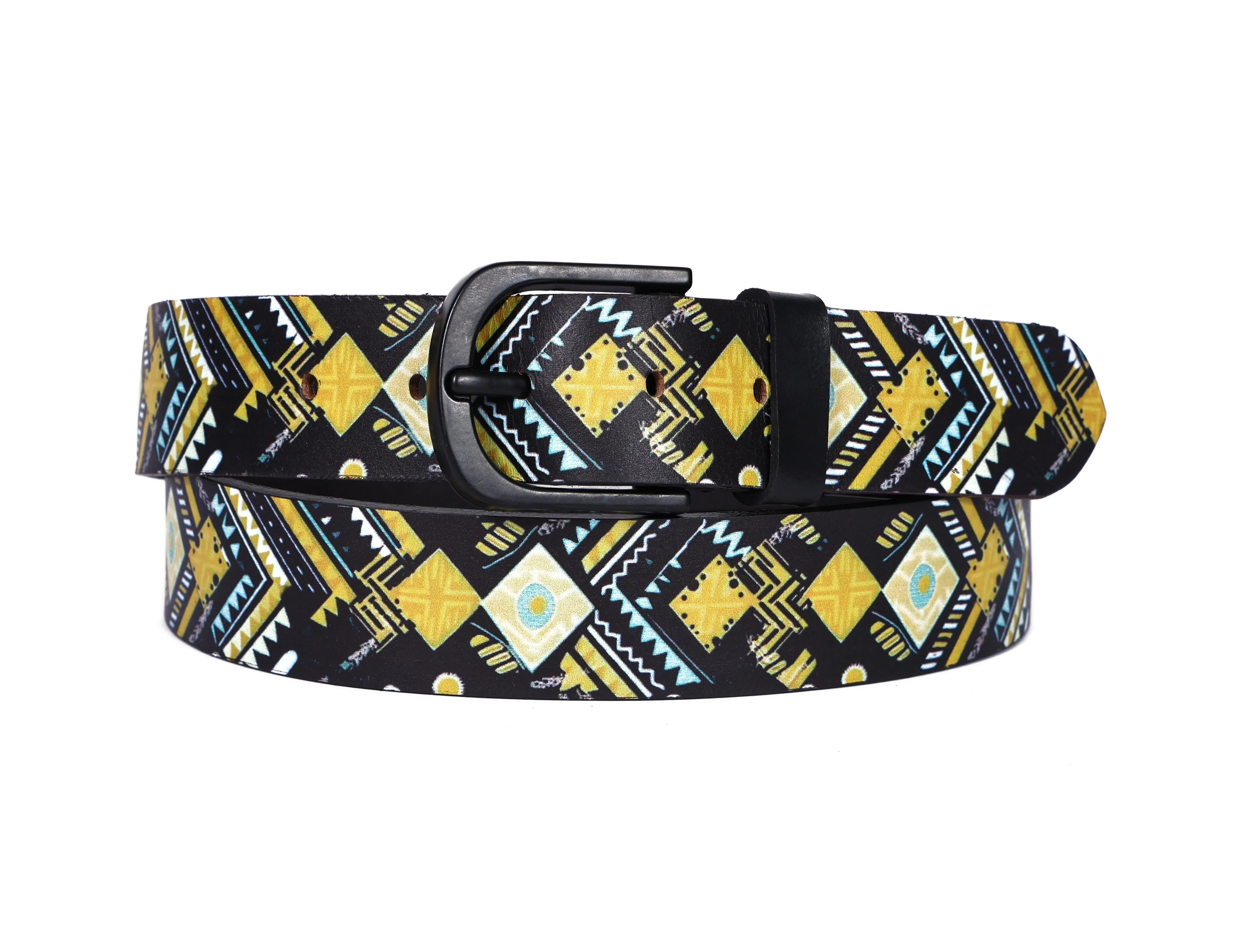 Unisex Genuine Leather Tribal Geometric Yellow Black Waist Accessory Matte Buckle - Image 4