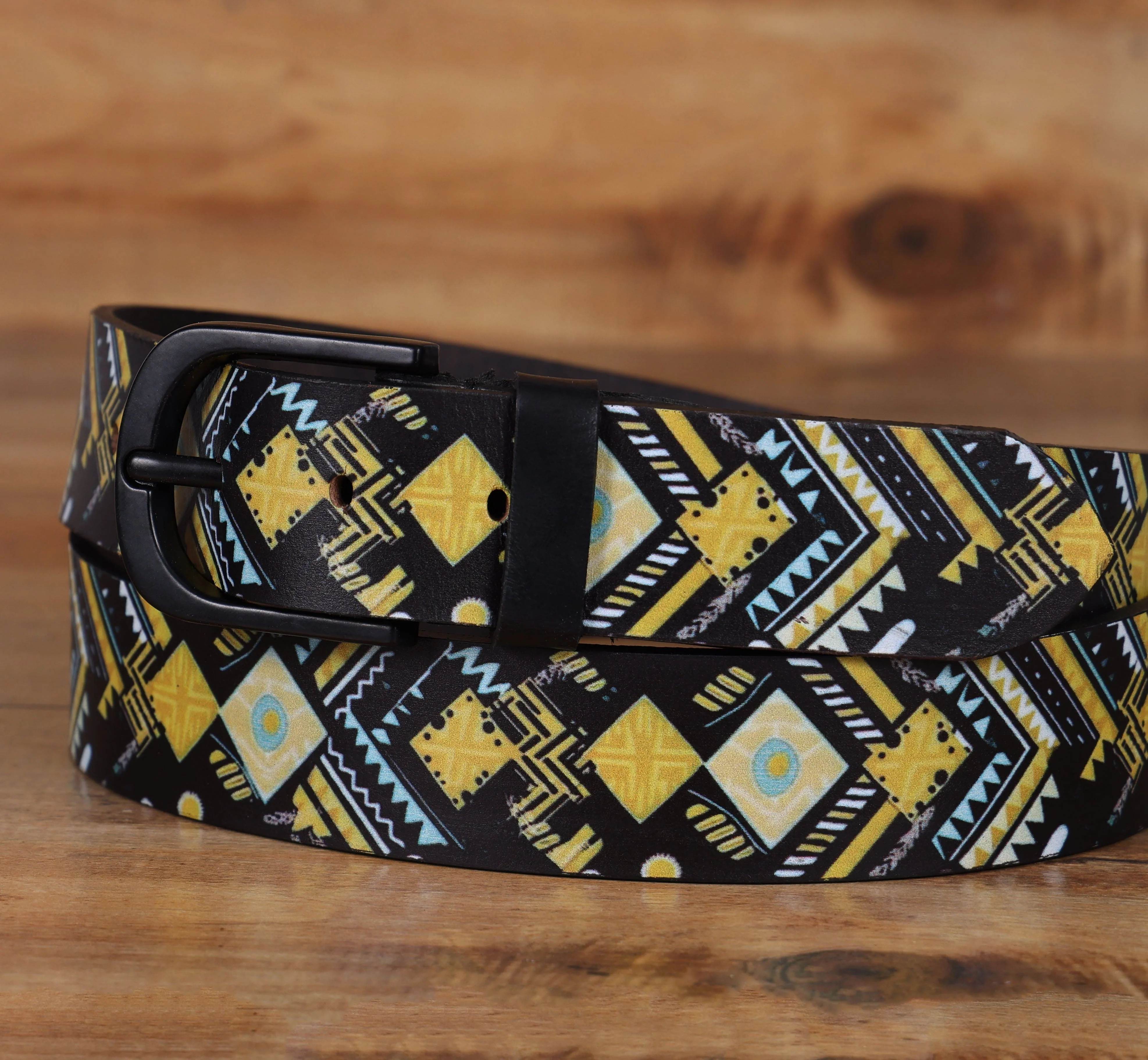 Unisex Genuine Leather Tribal Geometric Yellow Black Waist Accessory Matte Buckle - Image 6
