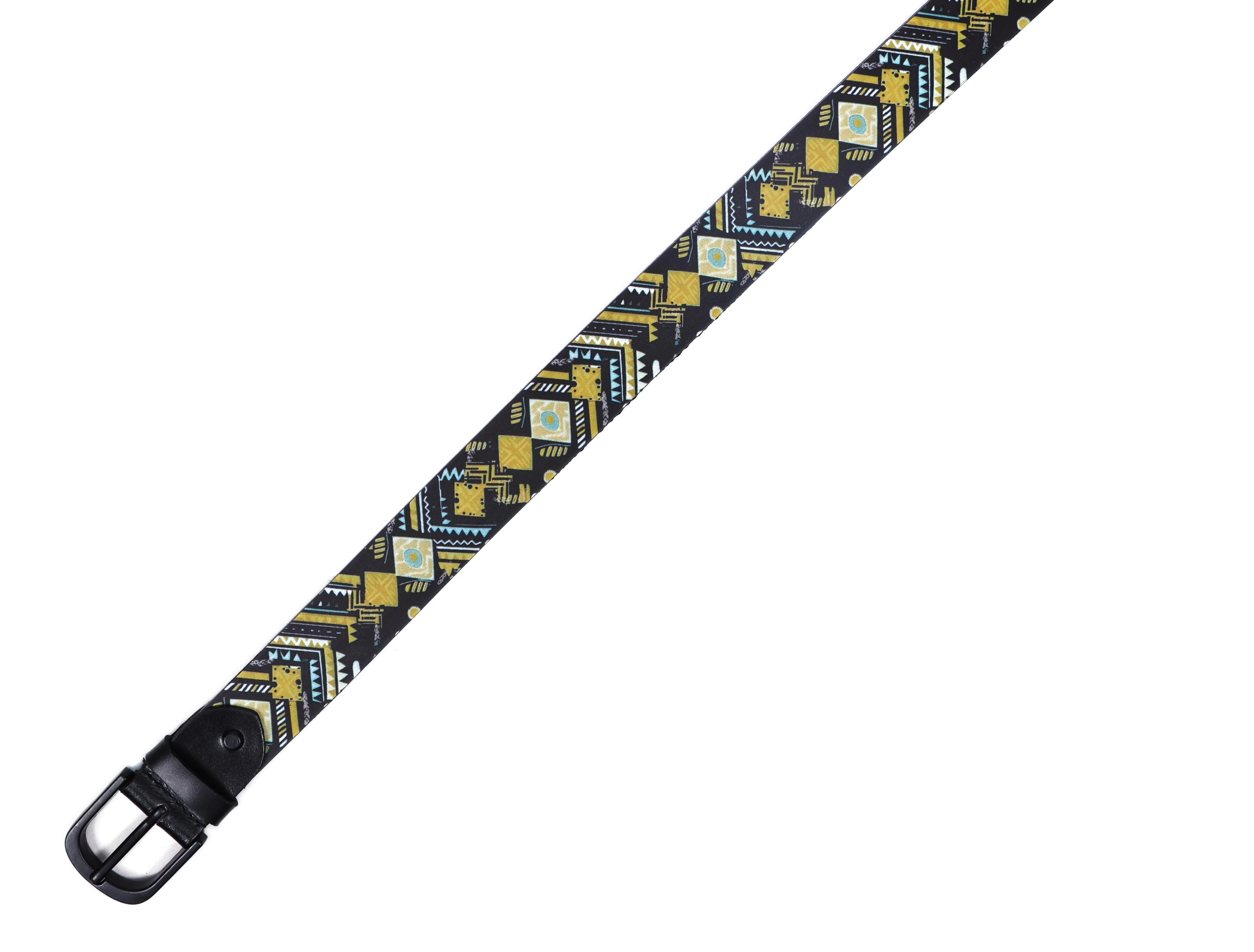 Unisex Genuine Leather Tribal Geometric Yellow Black Waist Accessory Matte Buckle - Image 7