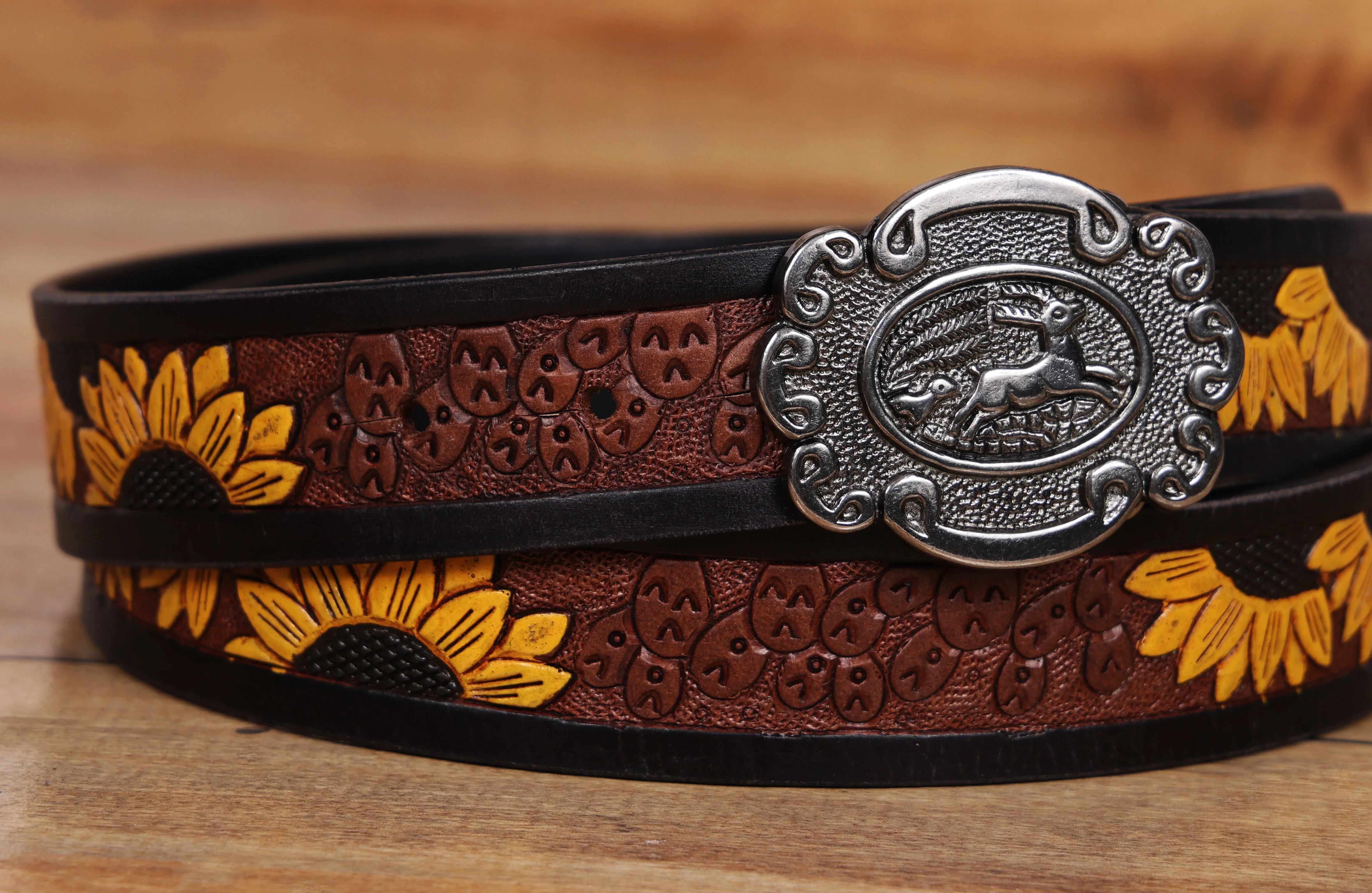 Unisex Genuine Leather Embossed Brown Sunflower Western Waist Accessory Antique Buckle - Image 2