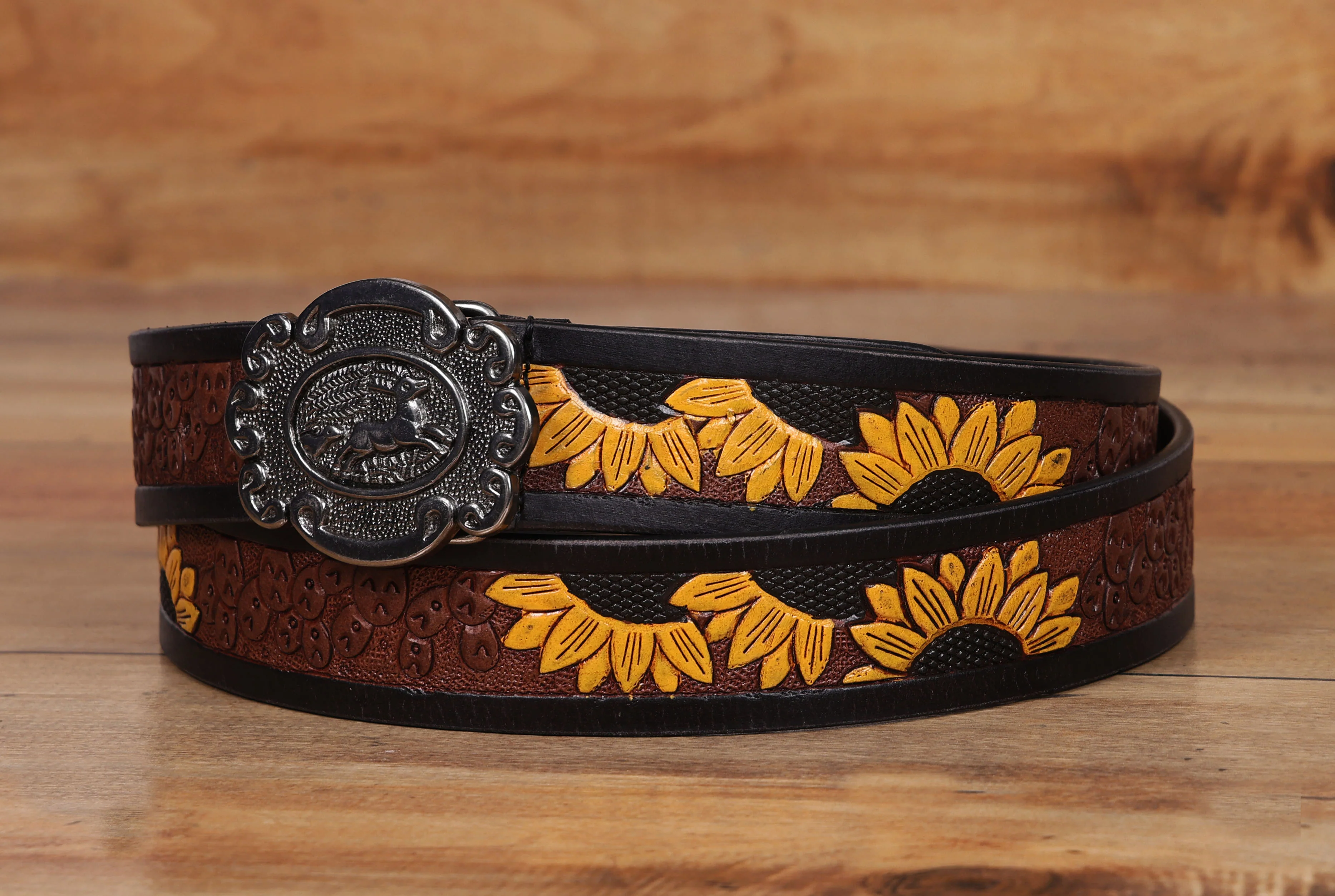 Unisex Genuine Leather Embossed Brown Sunflower Western Waist Accessory Antique Buckle - Image 3