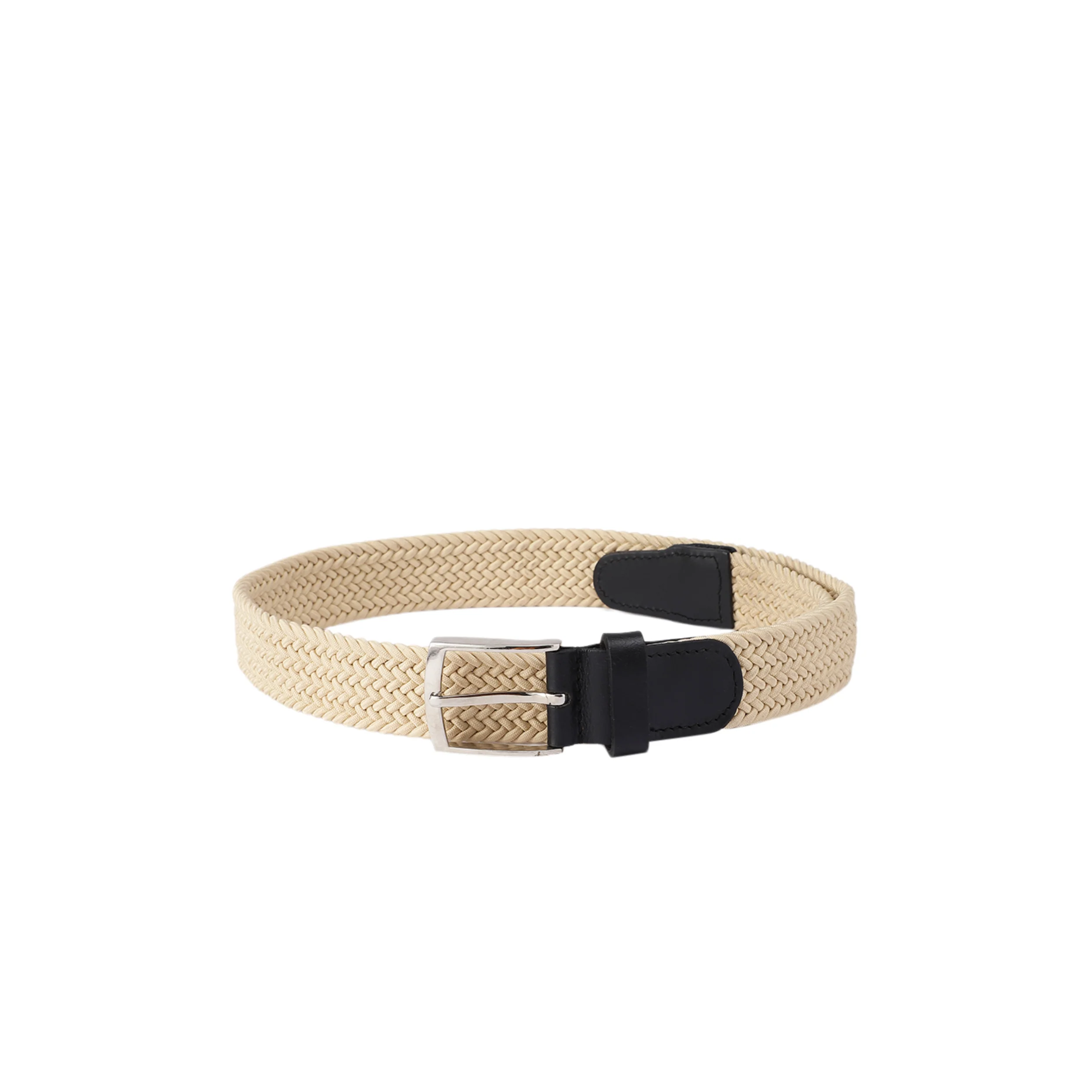 Unisex Woven Beige Belt With Black Leather Tip Silver Buckle Casual Formal Wear - Image 2